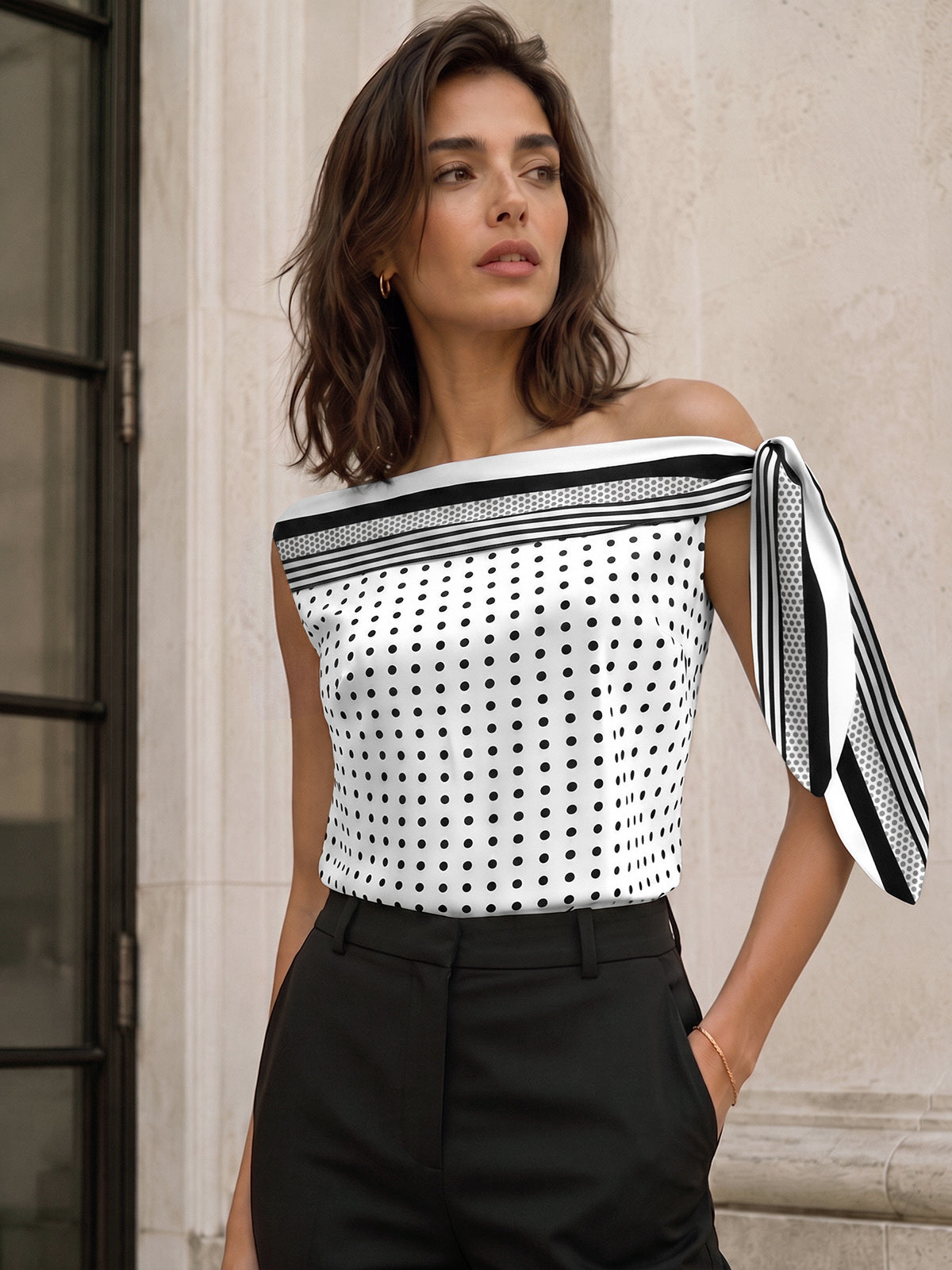 Off Shoulder Polka Dot Knotted Satin Blouse for Women Casual Wear
