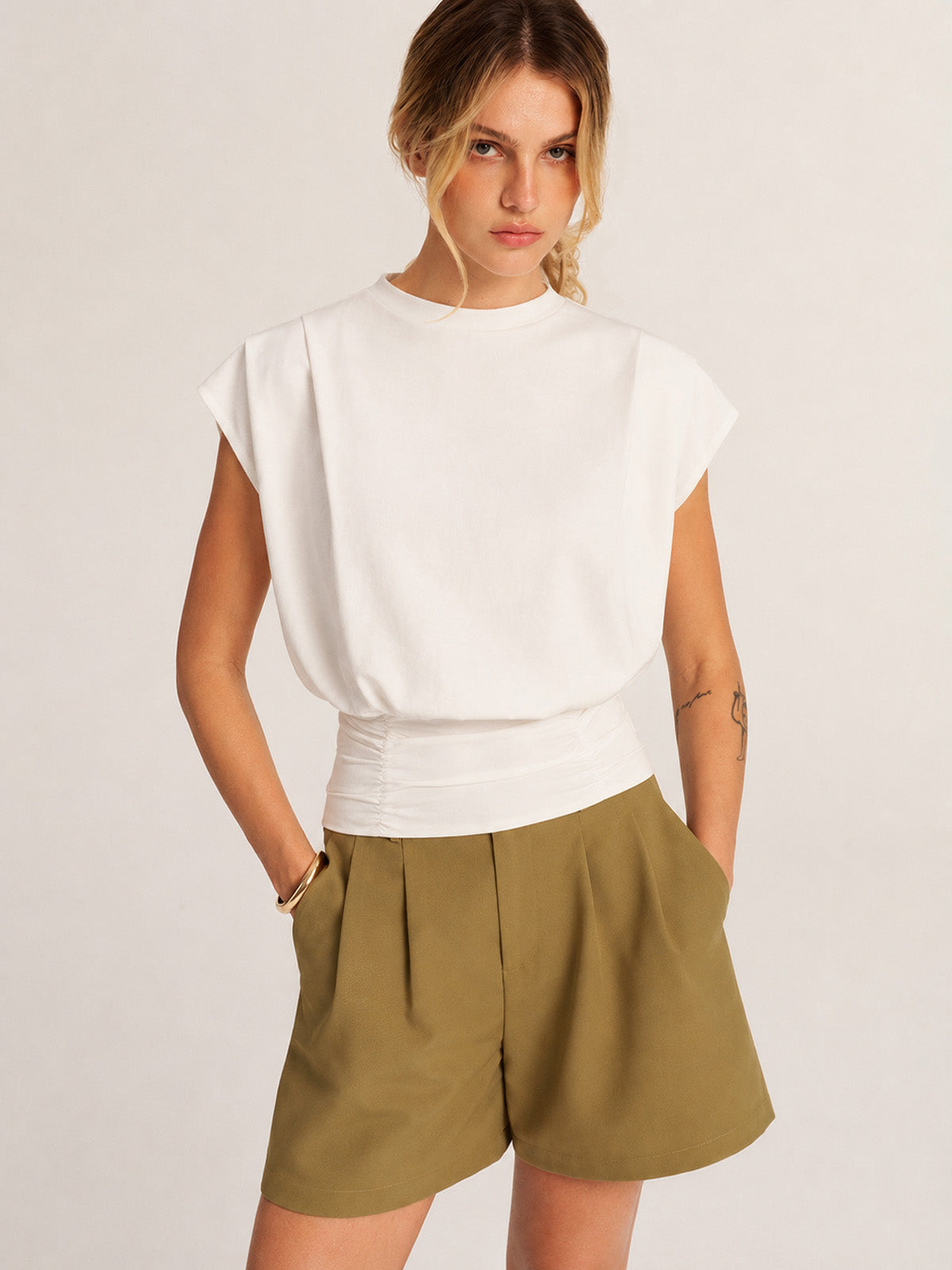 Cap Sleeve Ruched Waist Top with Crew Neckline for Women