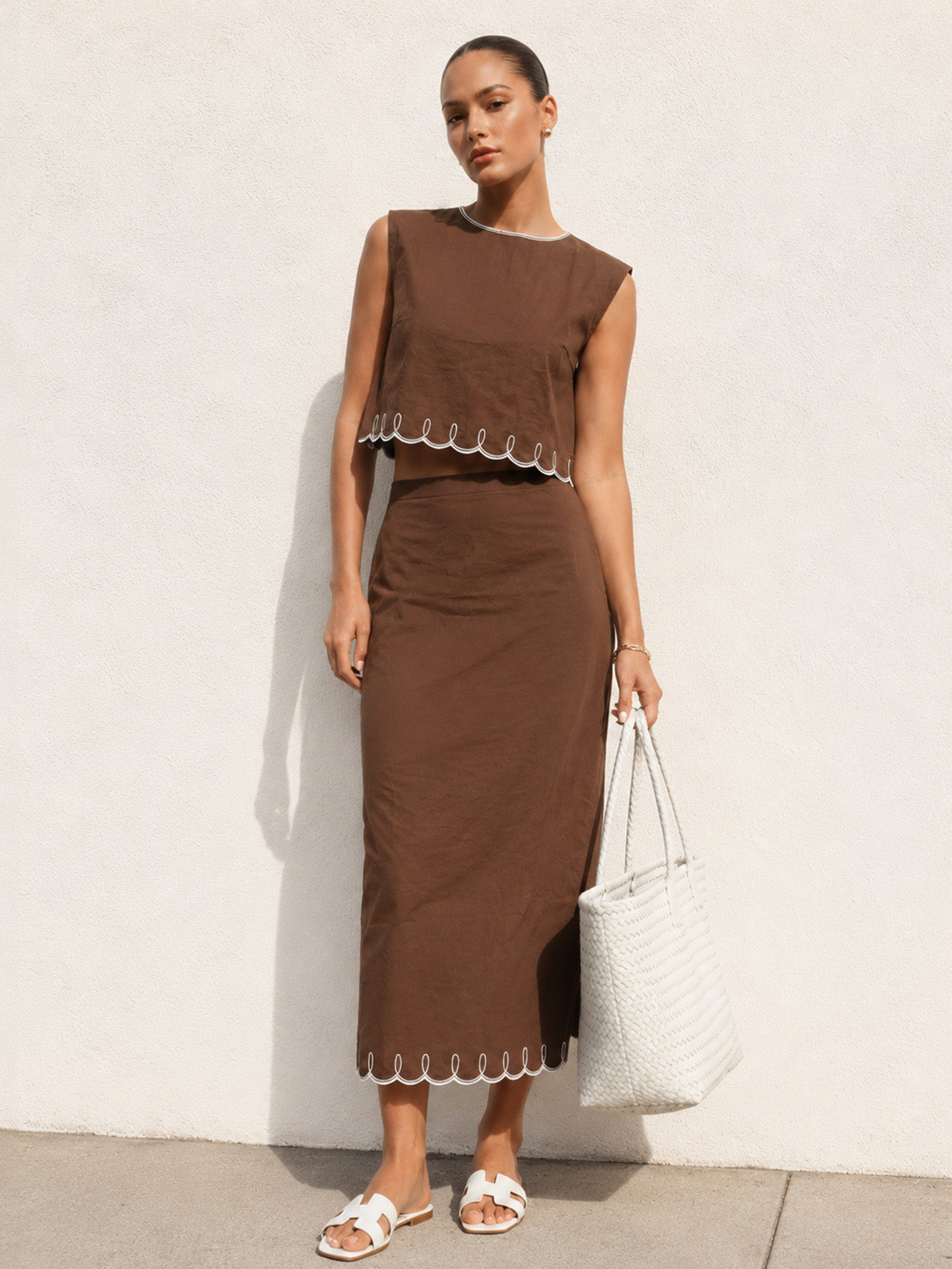 Contrast Stitch Linen Blend Two Piece Skirt Set for Women Summer Casual