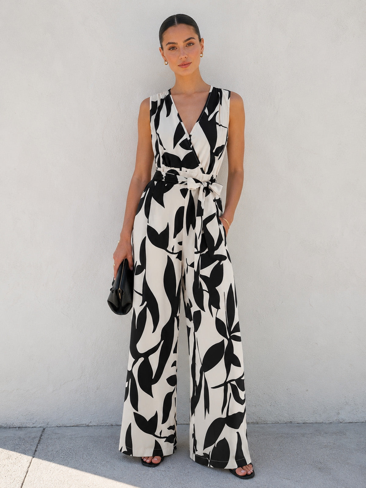 Leaf Print Belted Wide Leg Jumpsuit with Adjustable Straps for Women