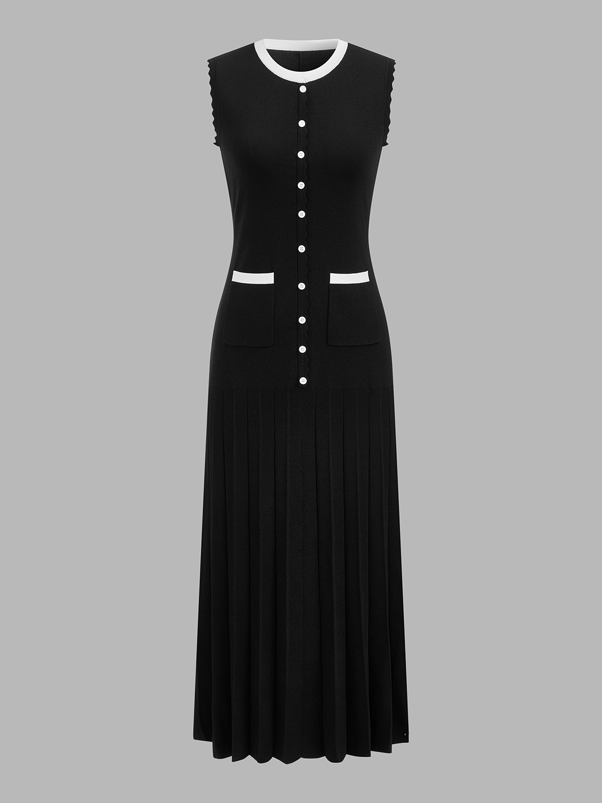 Scalloped Edge Pleated Knit Maxi Dress Elegant Flowy Evening Wear