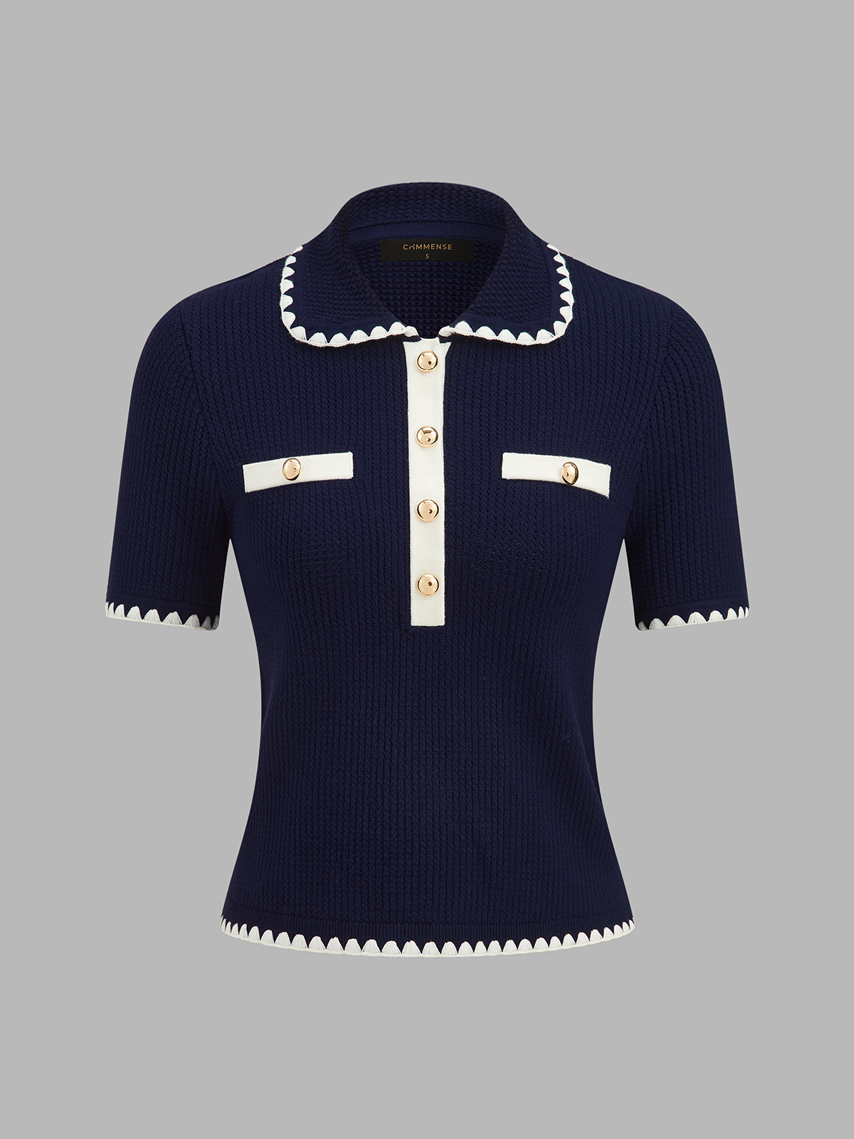 Scallop Trim Polo Collar Knit Short Sleeve Top - Women's Casual Wear
