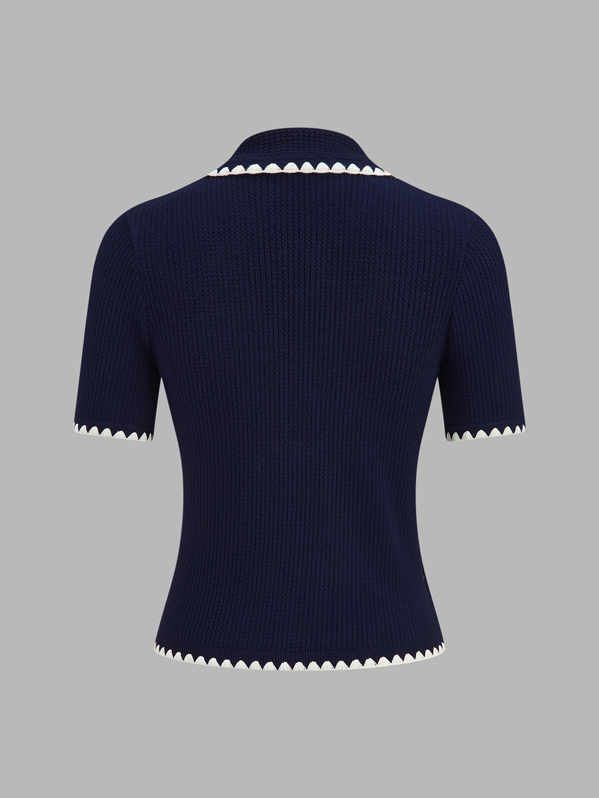 Scallop Trim Polo Collar Knit Short Sleeve Top - Women's Casual Wear
