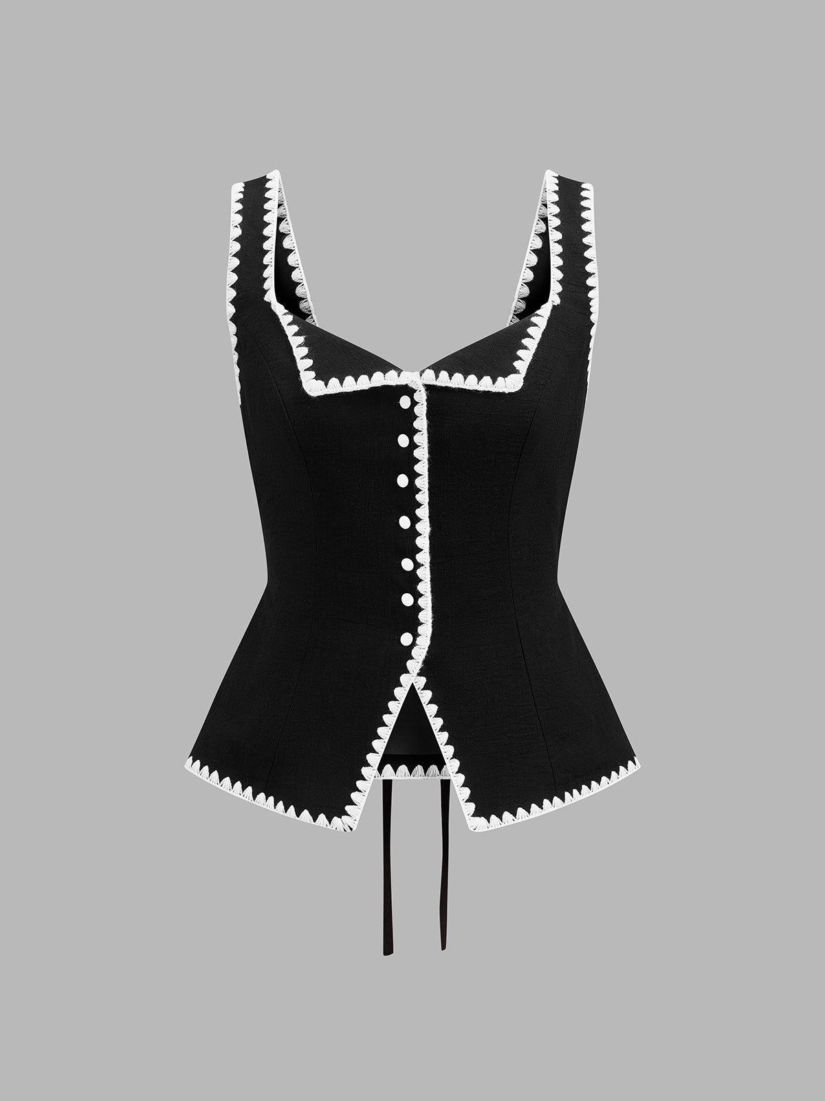 Scalloped Trim Button Front Tank Top with Detailed Stitching