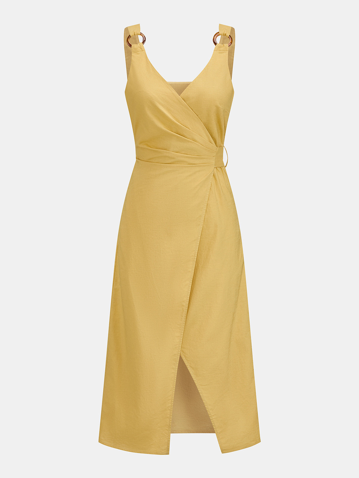 Cotton Linen Ring Strap Tie-Back Midi Dress with Pockets and V-Neck