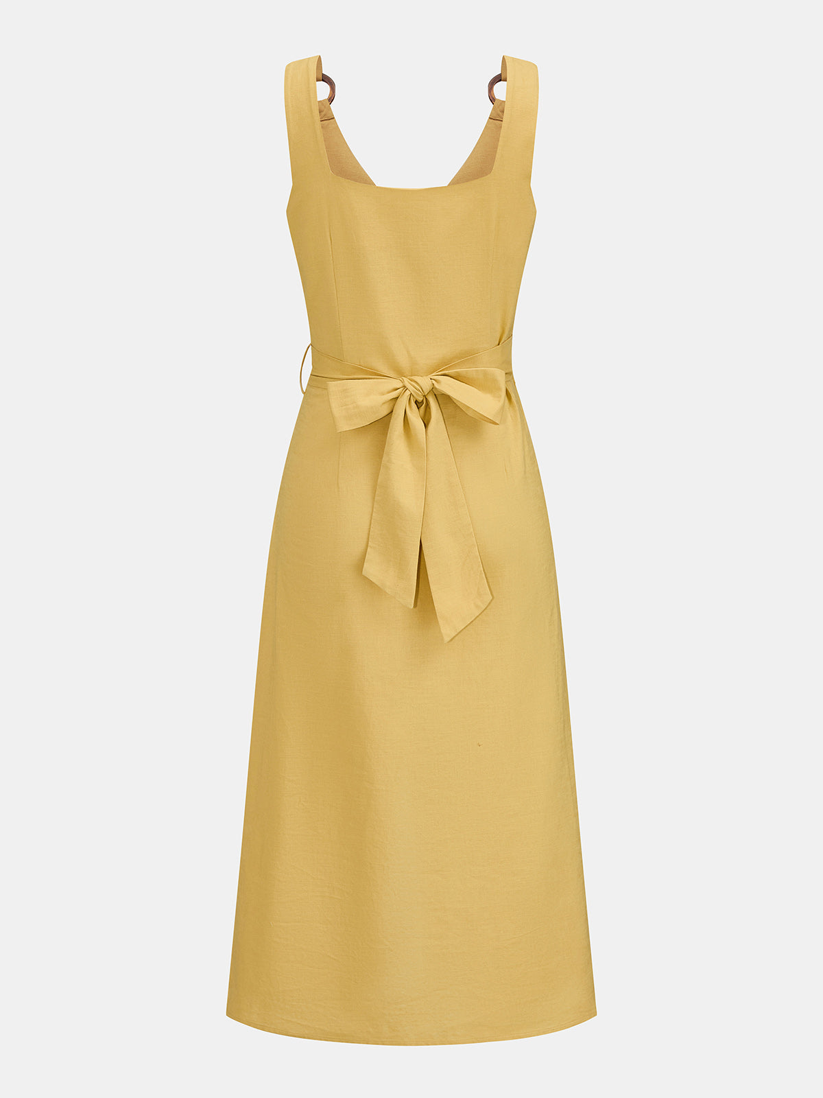 Cotton Linen Ring Strap Tie-Back Midi Dress with Pockets and V-Neck