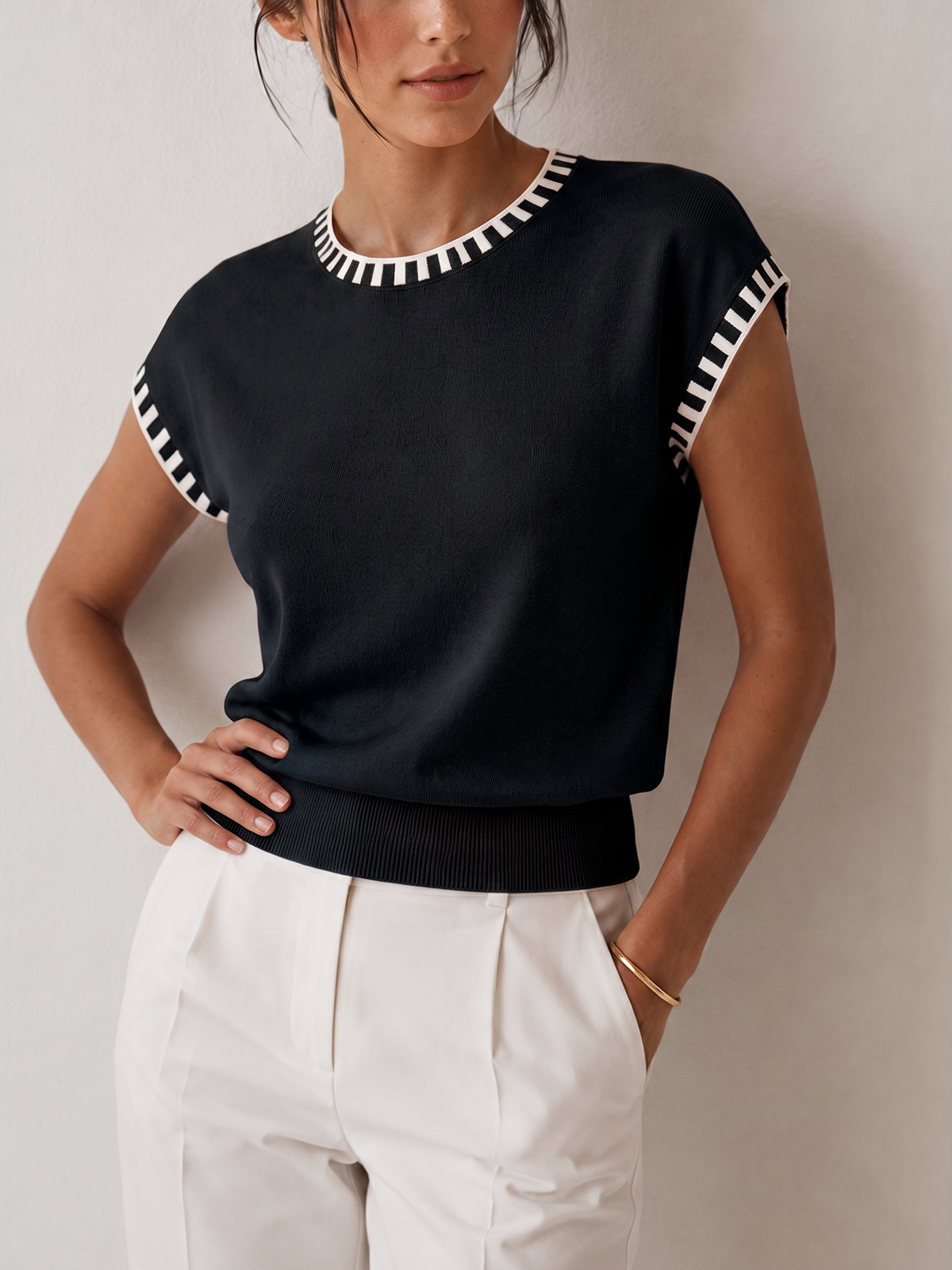 Contrast Trim Cap Sleeve Knit Top Casual Women's Everyday Wear