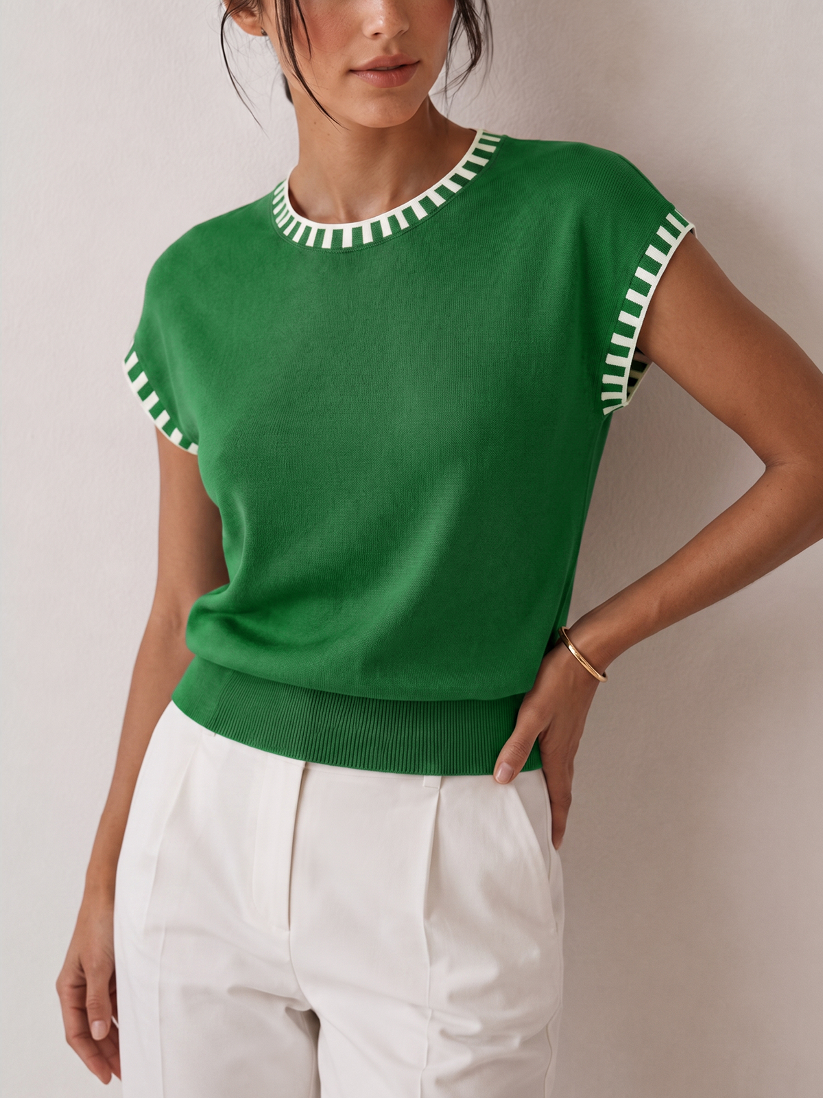 Contrast Trim Cap Sleeve Knit Top for Women Casual Wear