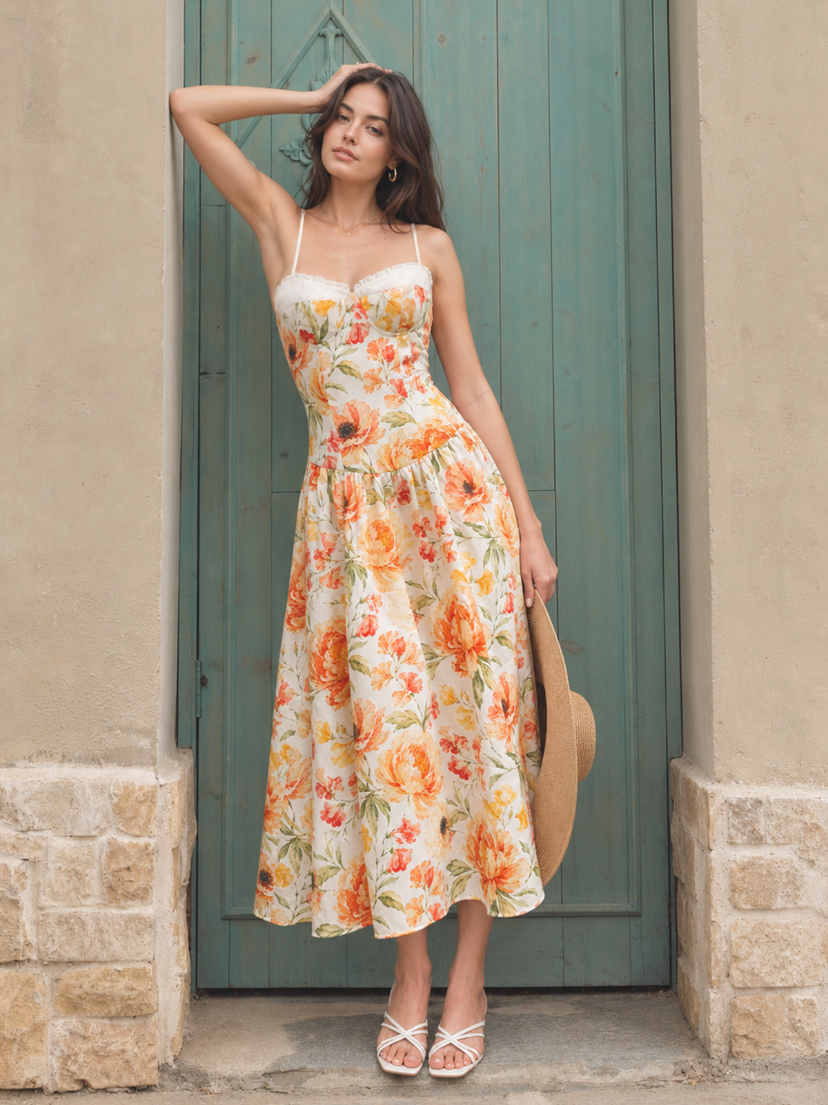 Ruffle Bust Floral Print Cami Midi Dress with Adjustable Straps