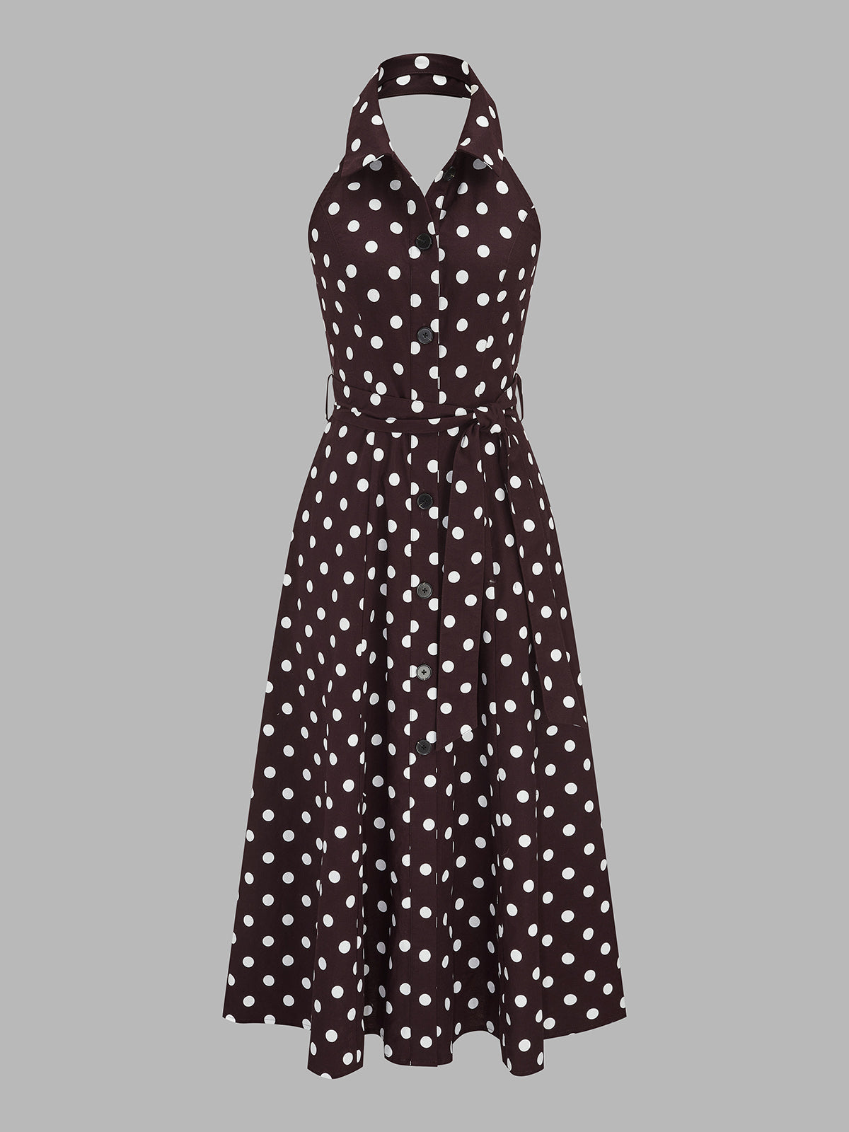 Polka Dot Halter Belted Cotton Linen Midi Dress Women's Summer Fashion