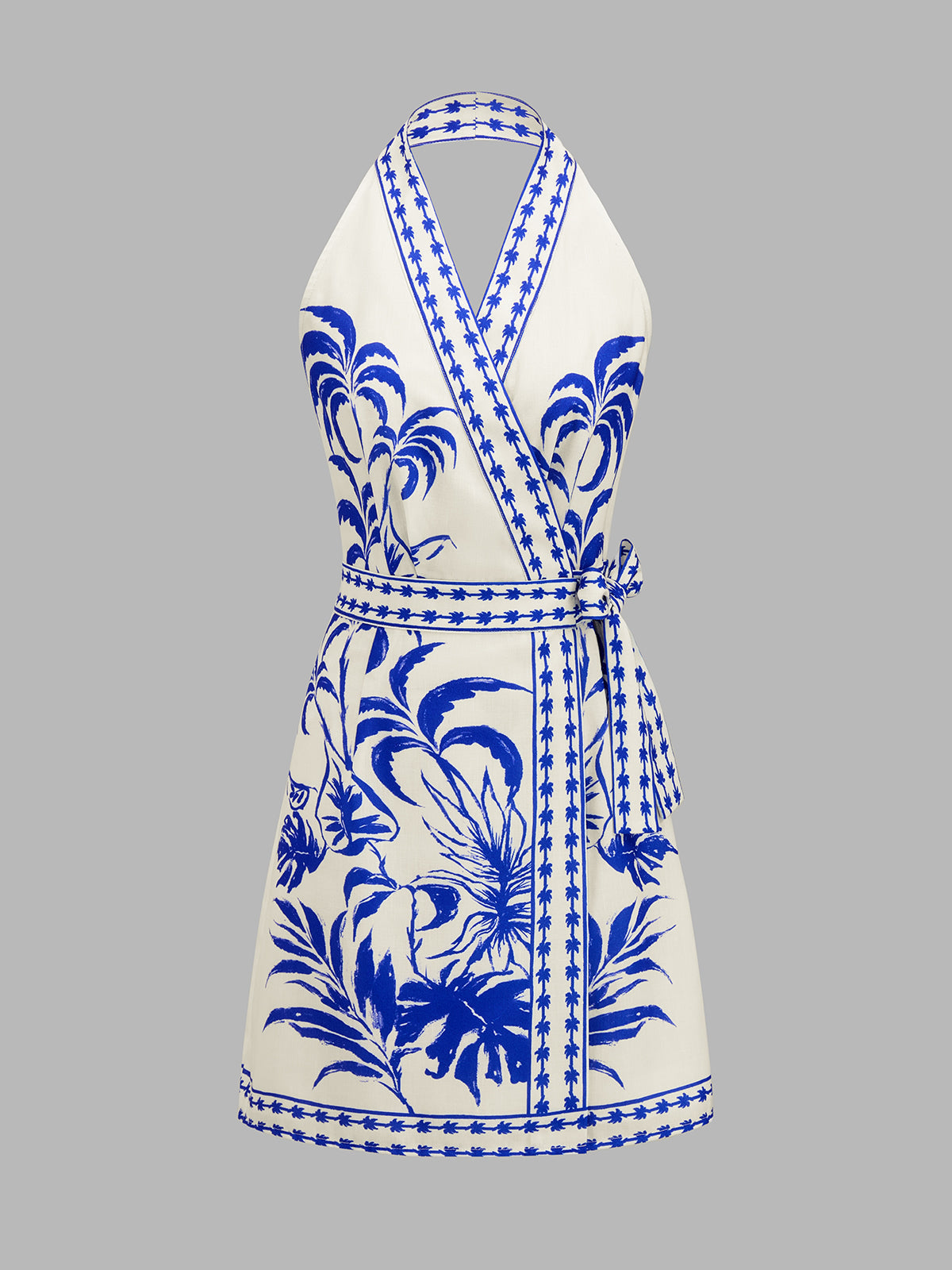 Botanical Print Halter Wrap Dress for Summer Weddings and Events
