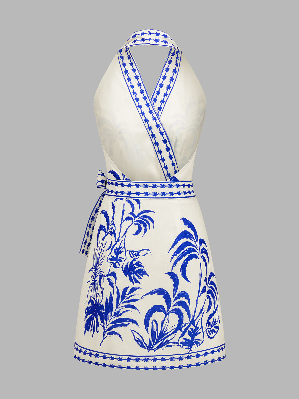 Botanical Print Halter Wrap Dress for Summer Weddings and Events