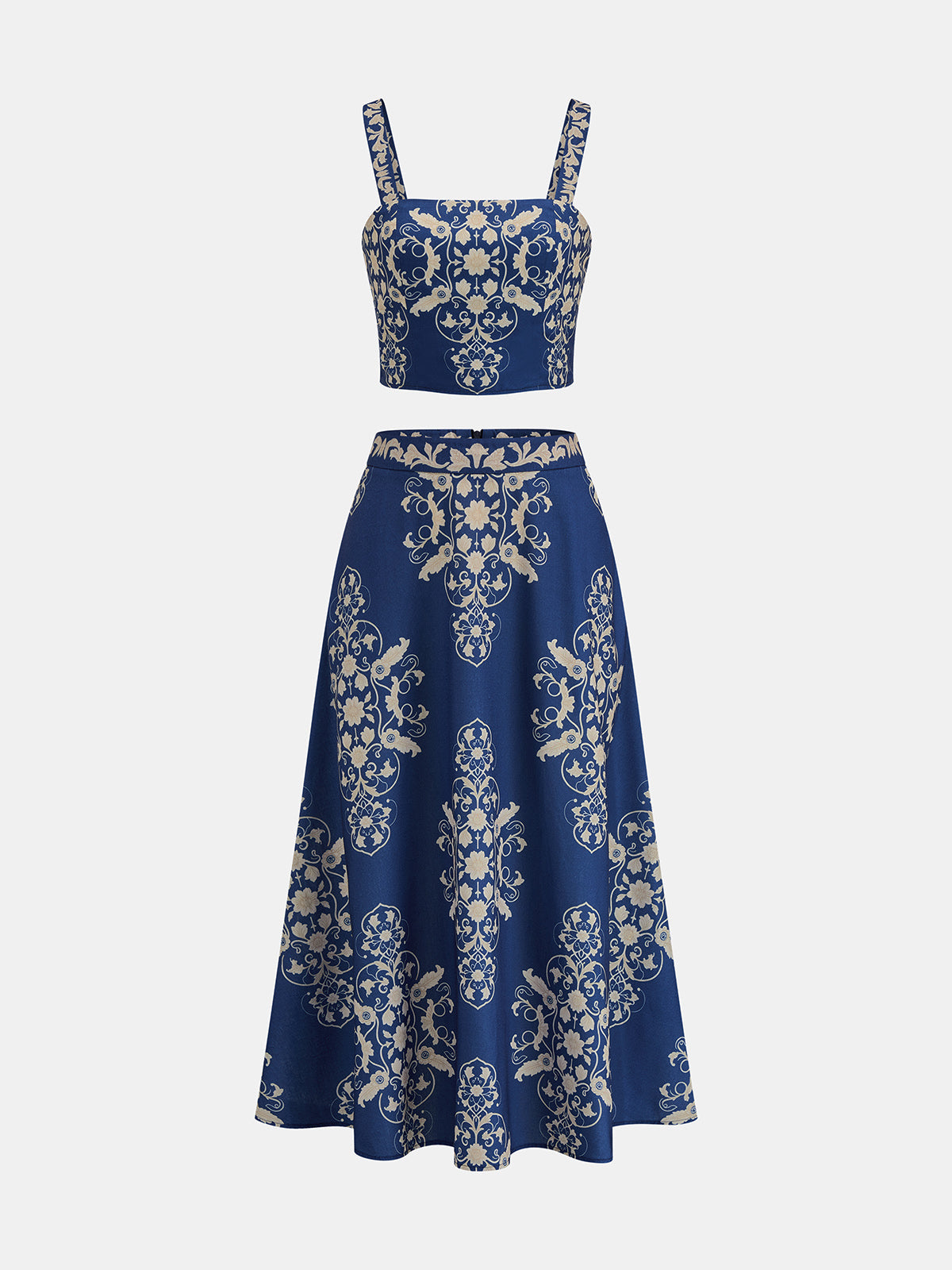 Baroque Print Cami Crop Top & Maxi Skirt Set for Women Summer Festival Fashion