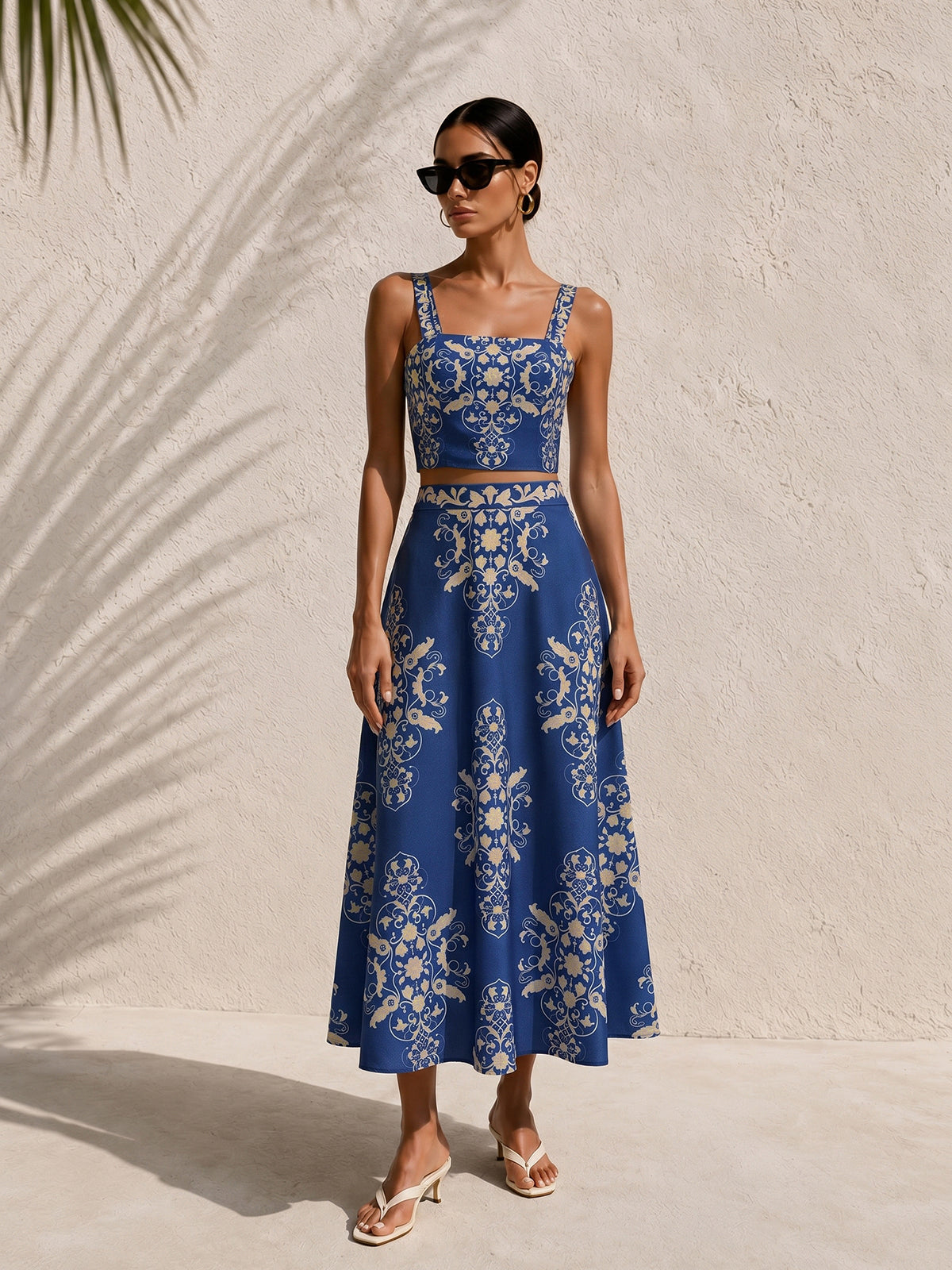 Baroque Print Cami Crop Top & Maxi Skirt Set for Women Summer Festival Fashion