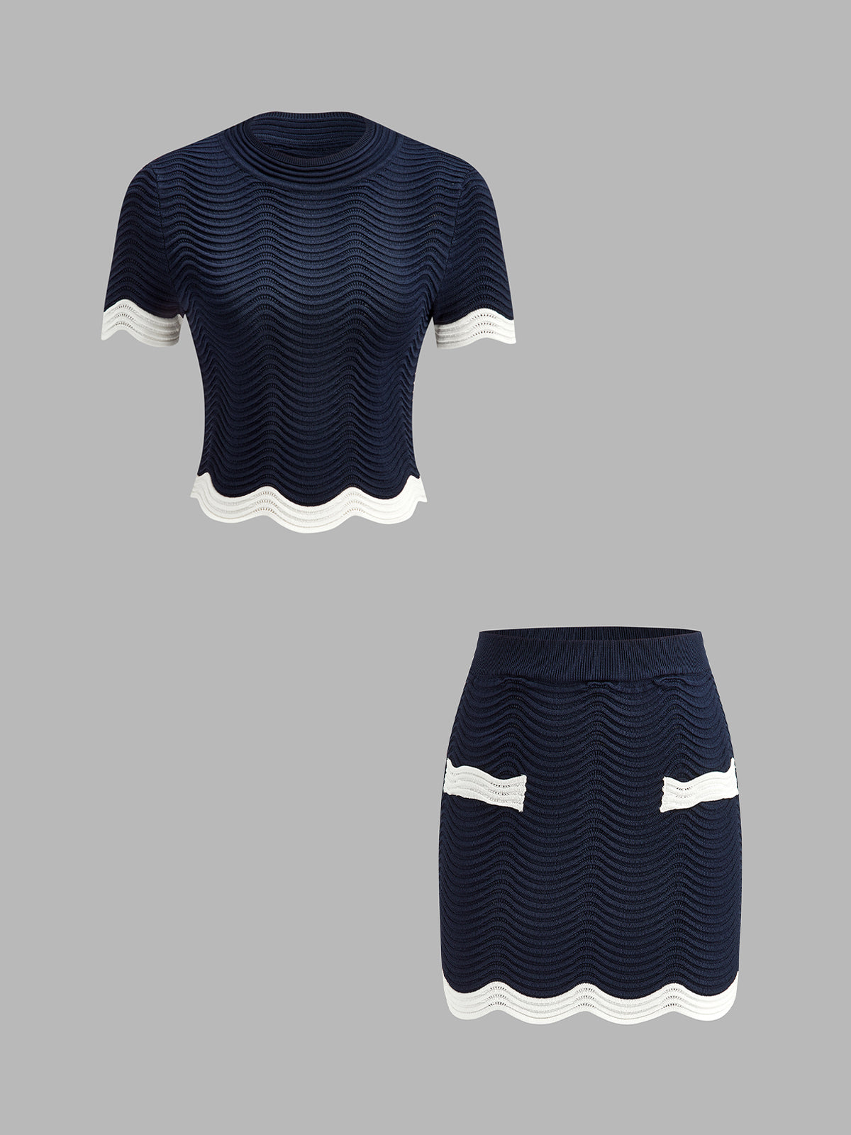Contrast Trim Wavy Knit Two Piece Skirt Set Chic Women's Fashion Outfit