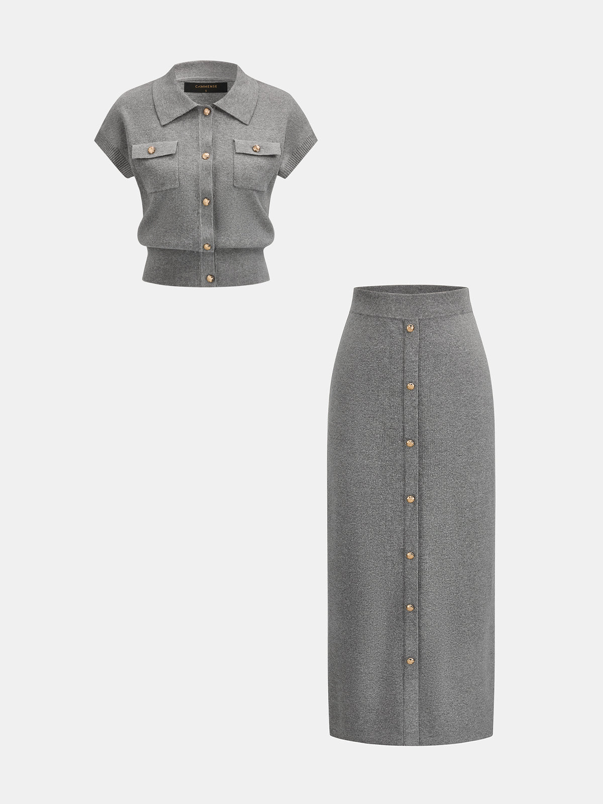 Metal Button Knit Two Piece Skirt Set with Cozy Sweater Top