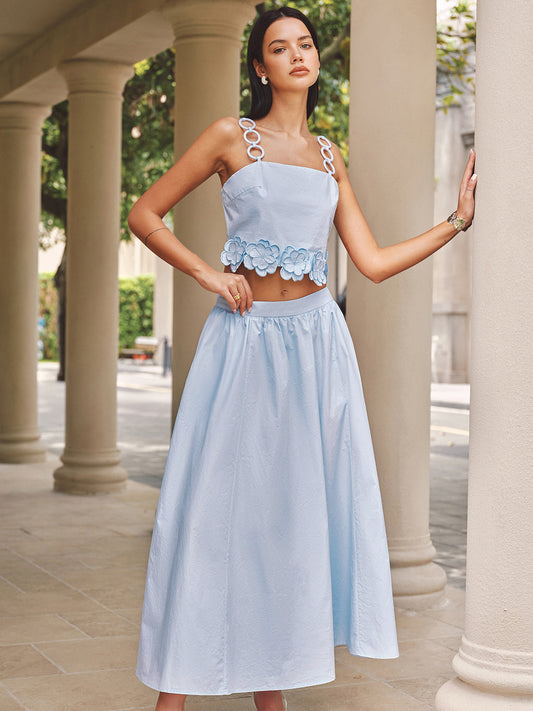 3D Flower Ring Strap Top & Pocketed Skirt Set for Women with Floral Accents
