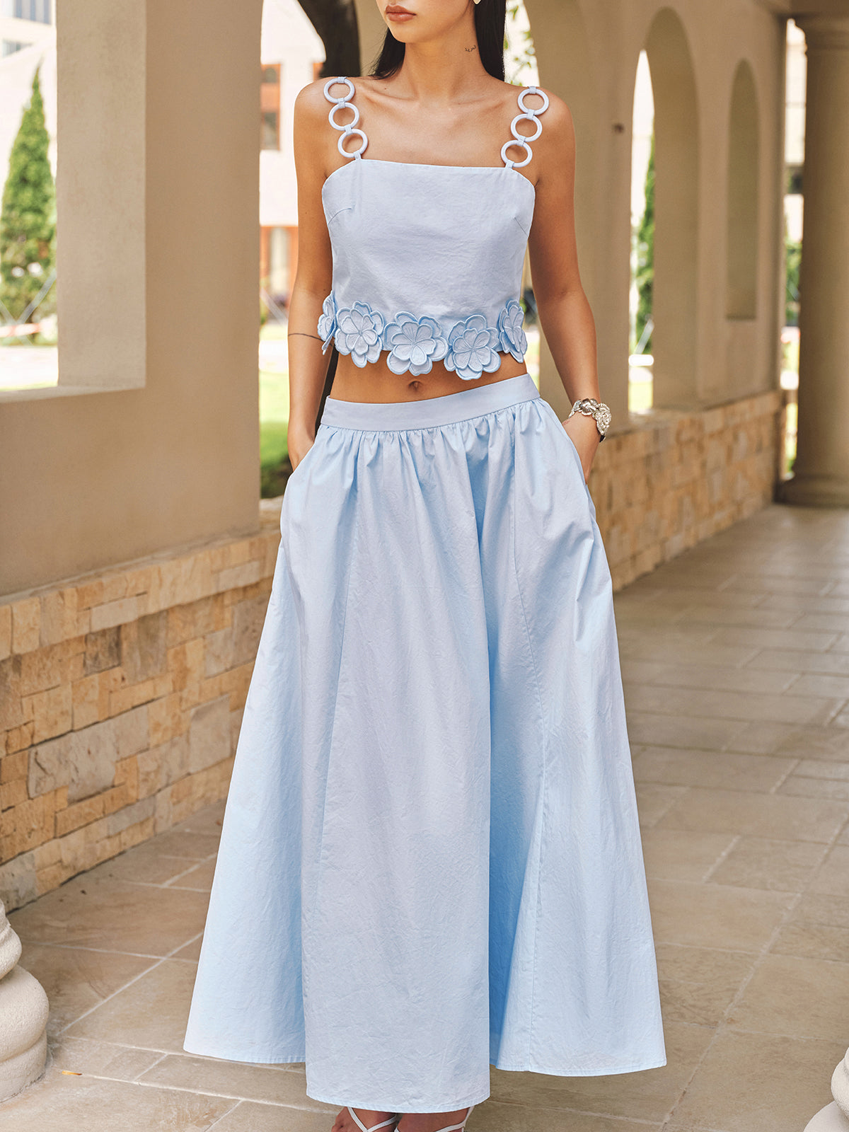 3D Flower Ring Strap Top & Pocketed Skirt Set for Women with Floral Accents
