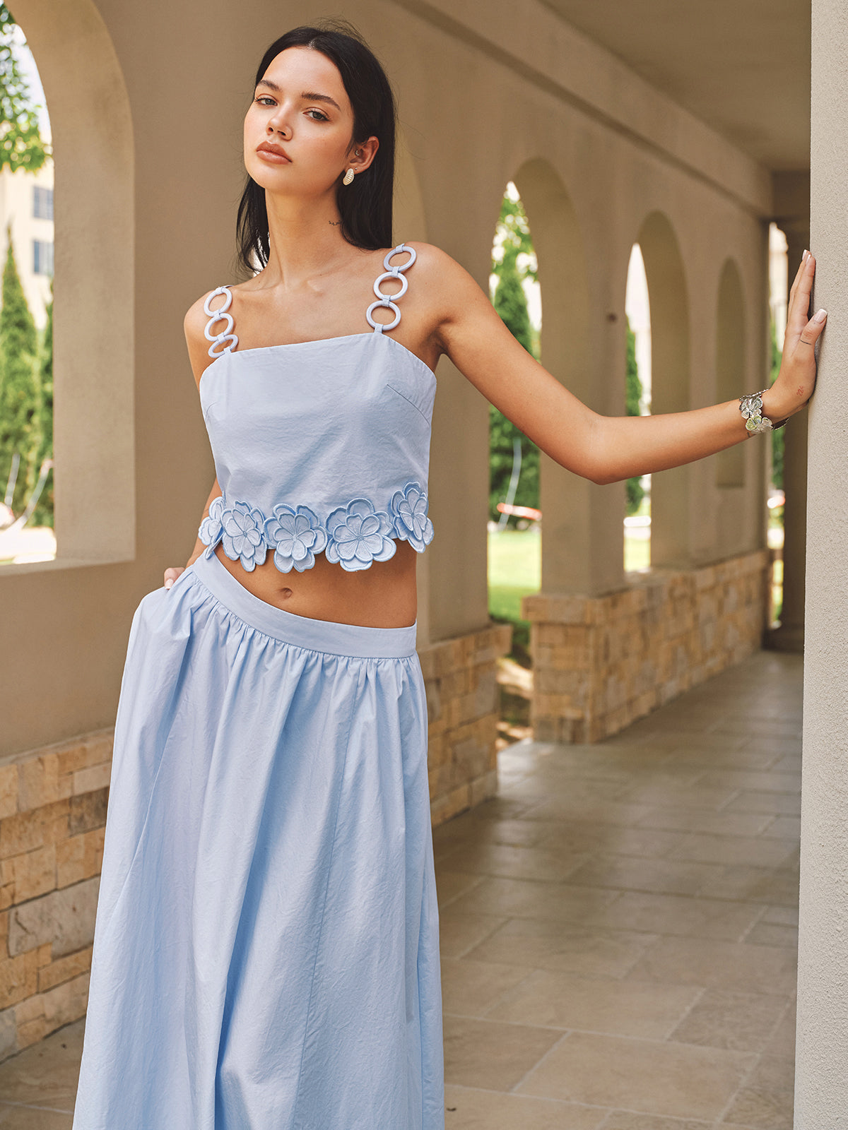 3D Flower Ring Strap Top & Pocketed Skirt Set for Women with Floral Accents