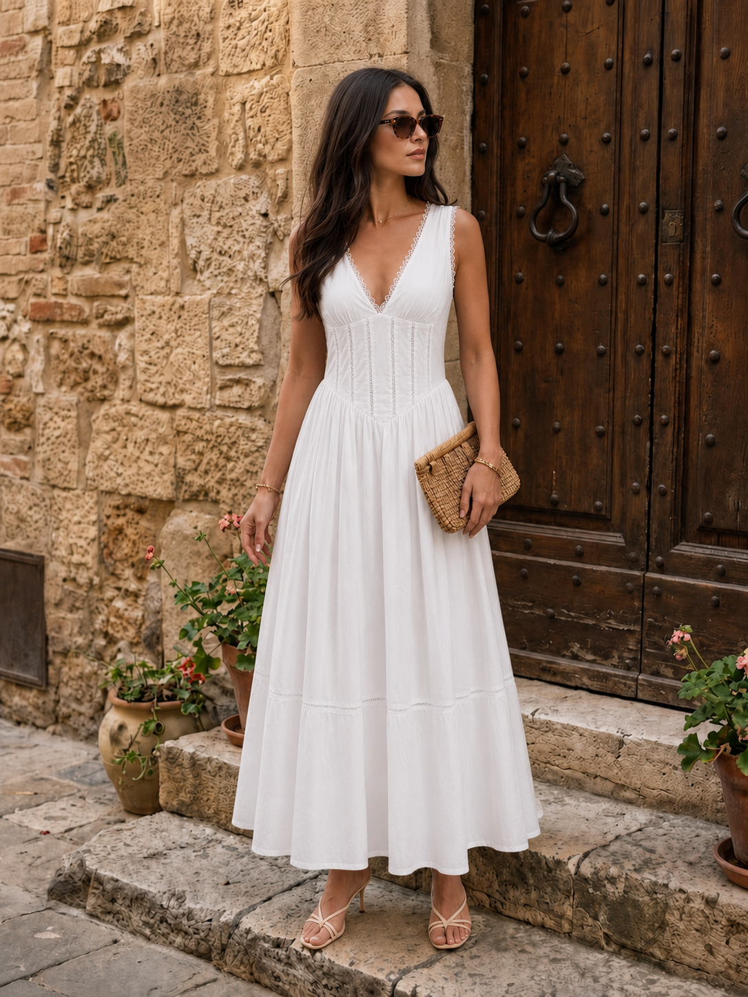 Lace Trim V-Neck Corset Midi Dress for Evening Wear