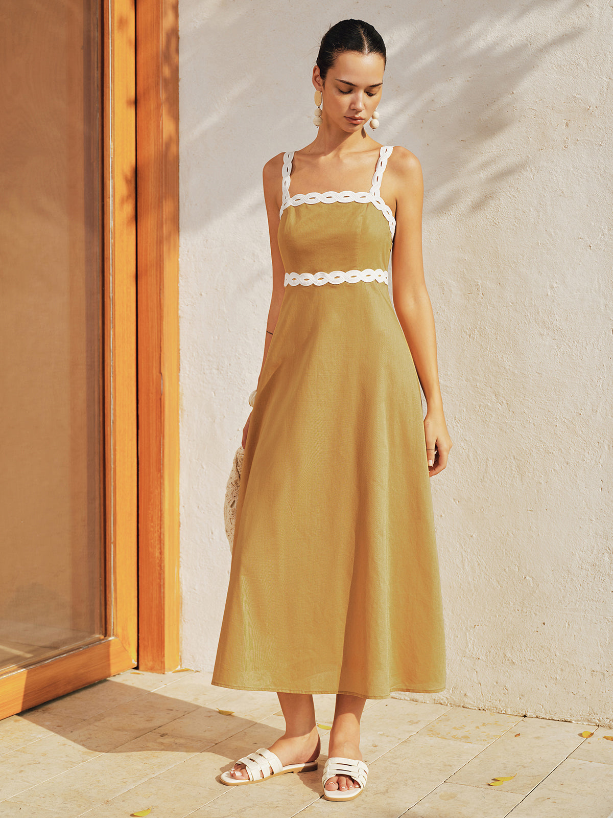 Contrast Trim Cotton Linen Midi Dress - Women's Casual Summer Style