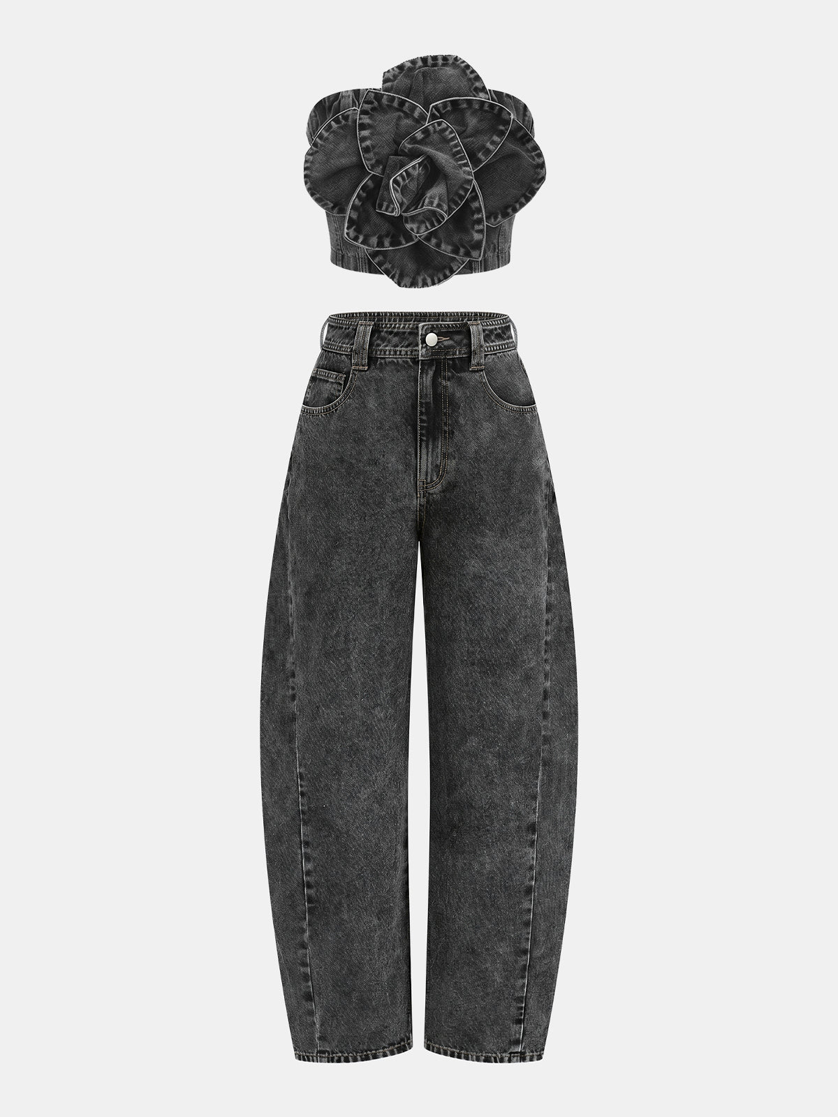 3D Rose Applique Denim Tube Top Vintage Inspired Casual Fit
