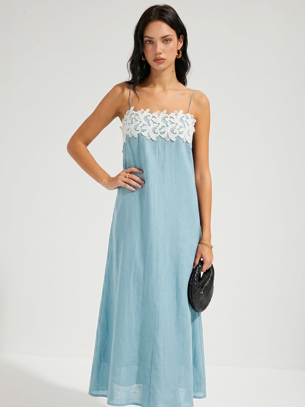 Lace Trim Linen-Blend Cami Maxi Dress for Summer Weddings