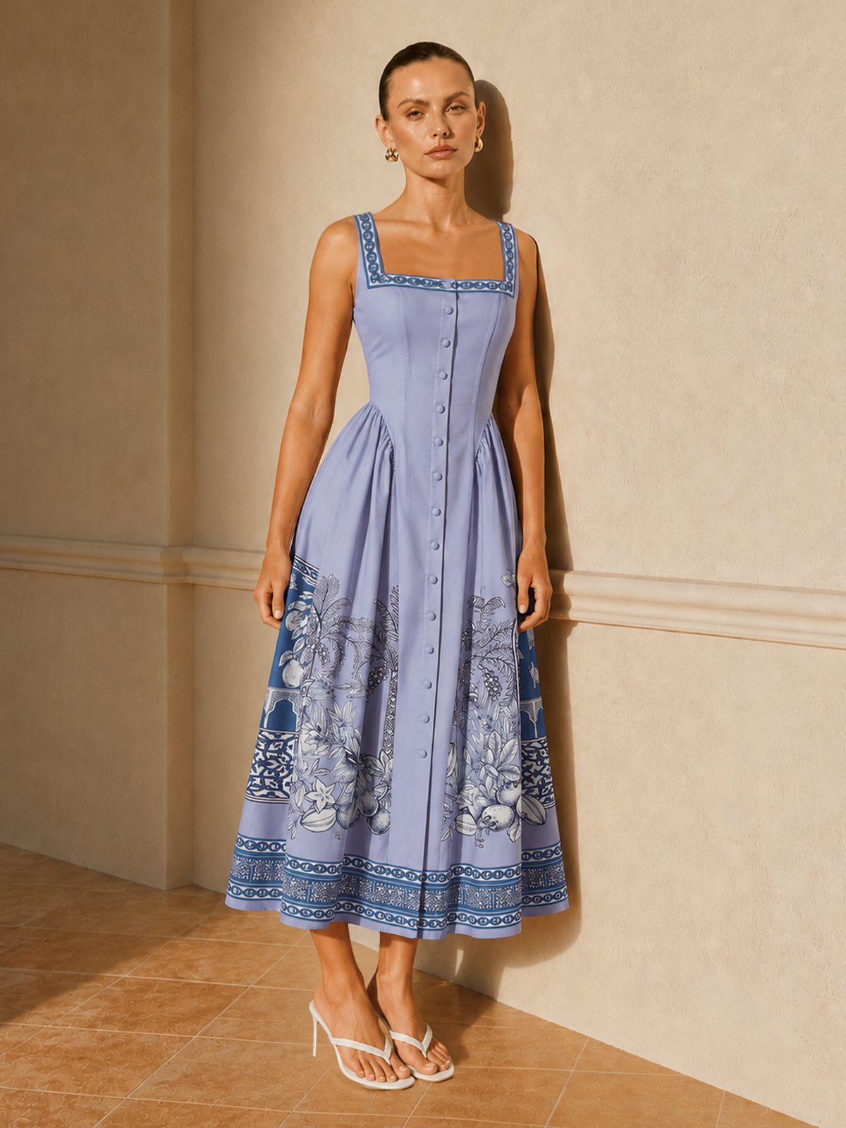 Tropical Print Square Neck Backless Maxi Dress with Side Slits