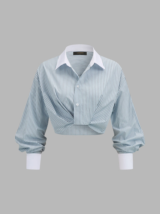 Striped Twisted Cropped Long Sleeve Shirt - Women's Fashion Top