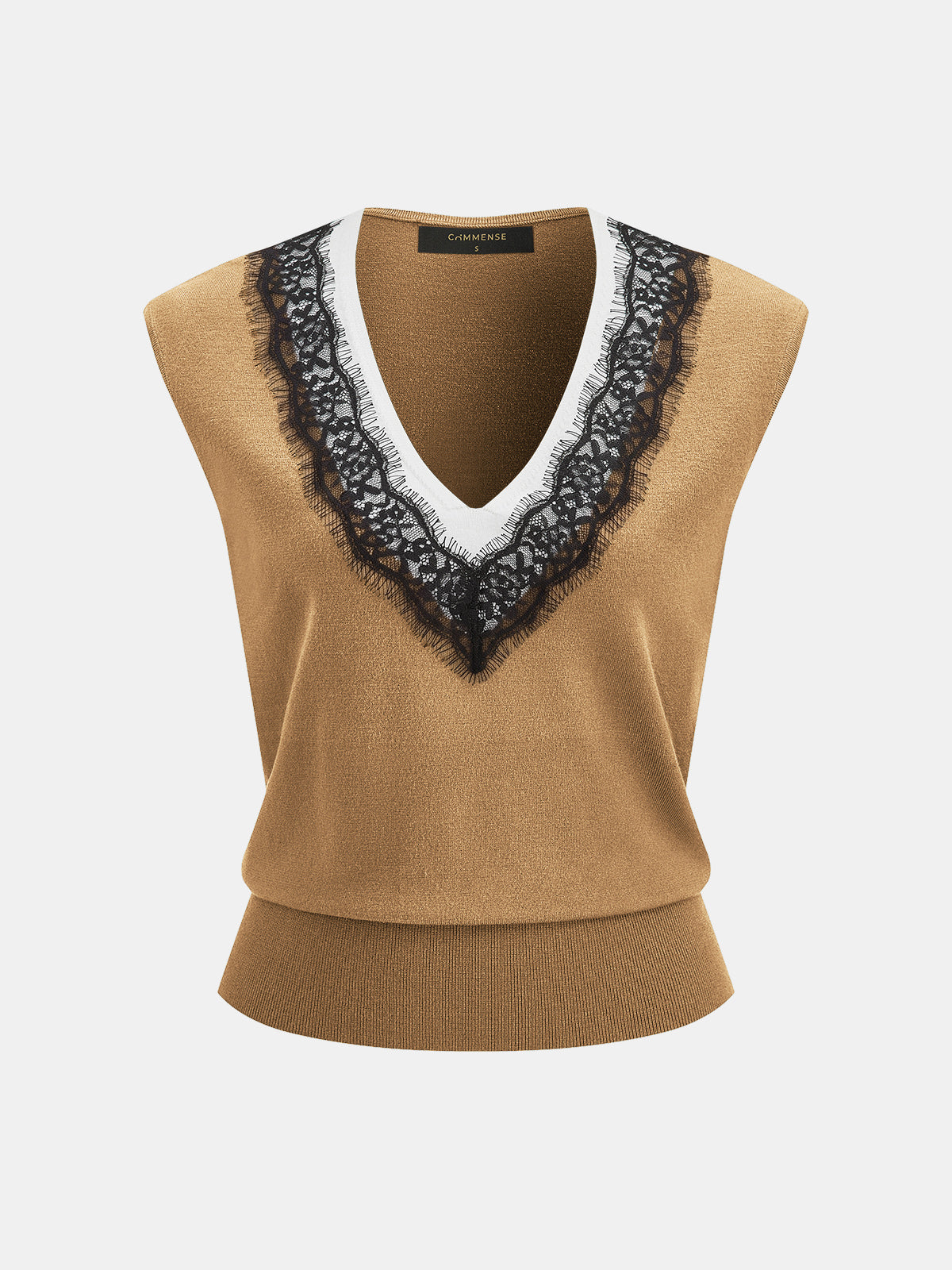 Lace Trim Contrast V Neck Sleeveless Knit Vest Fashionable Layering Casual Top