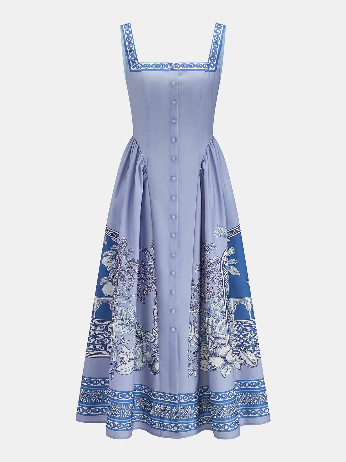 Tropical Print Square Neck Backless Maxi Dress with Side Slits