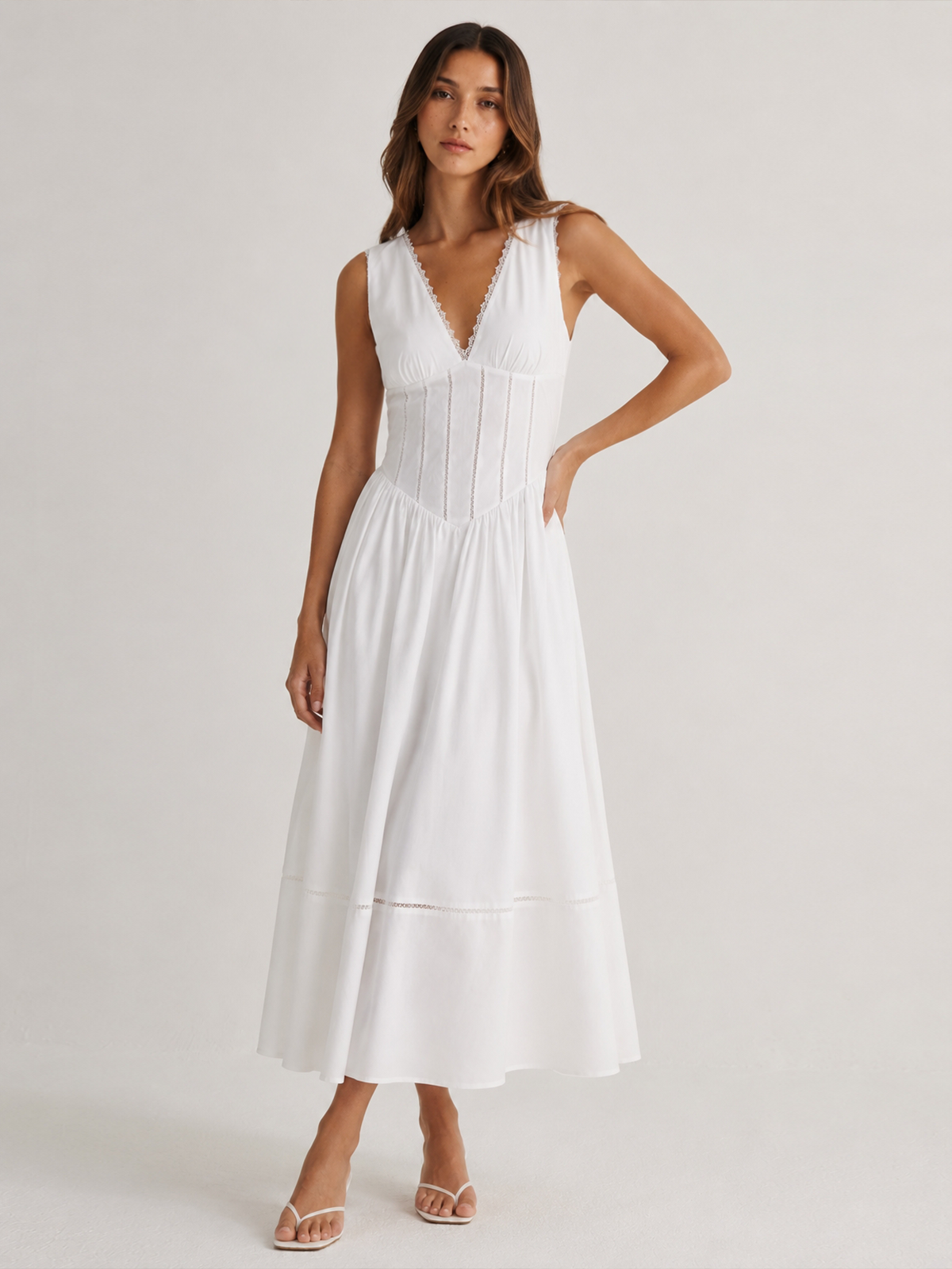 Lace Trim V-Neck Corset Midi Dress for Evening Wear