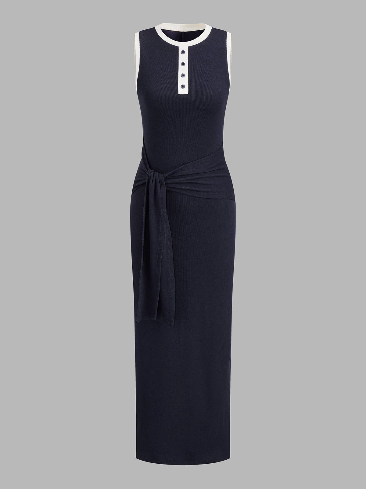 Contrast Trim Tie-Waist Knit Midi Dress with V-Neckline and Long Sleeves