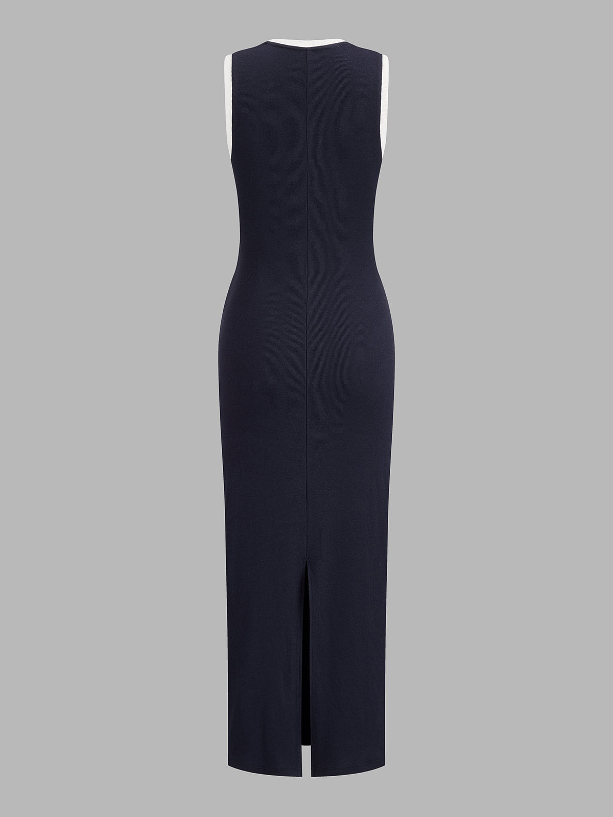 Contrast Trim Tie-Waist Knit Midi Dress with V-Neckline and Long Sleeves