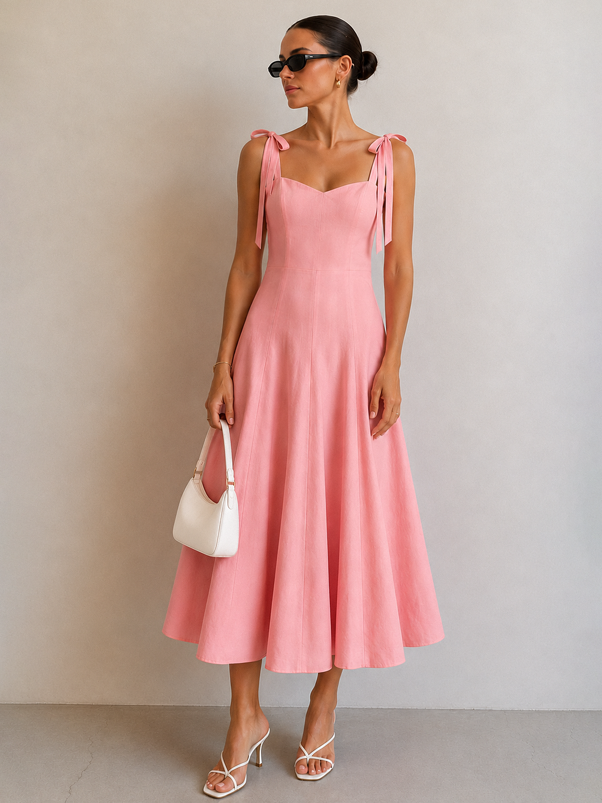 Bow Tie Straps Cotton Midi Dress with Pockets and Elastic Waist