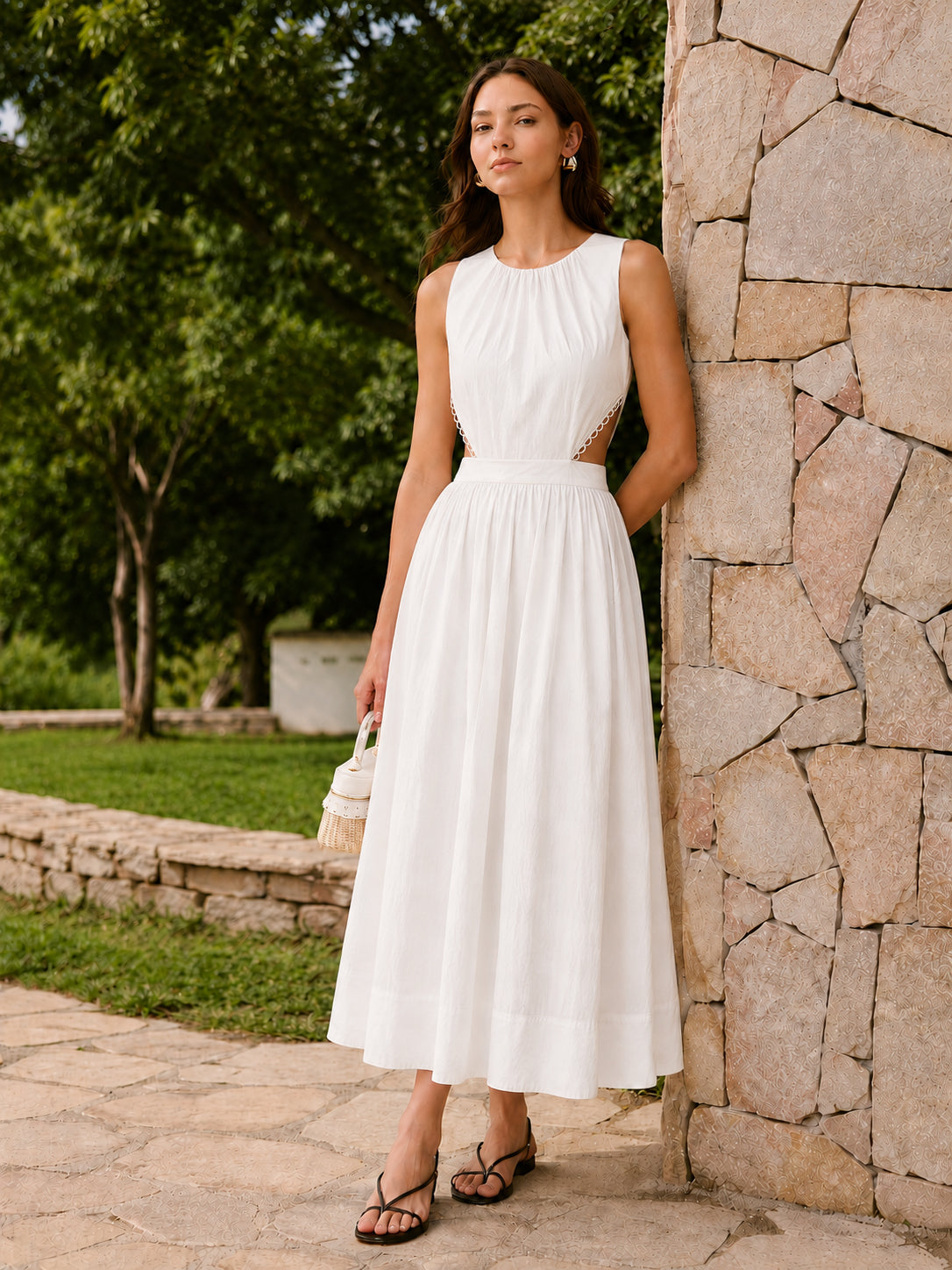 Sleeveless Cutout Waist Maxi Dress for Women, Elegant Full-Length Evening Gown