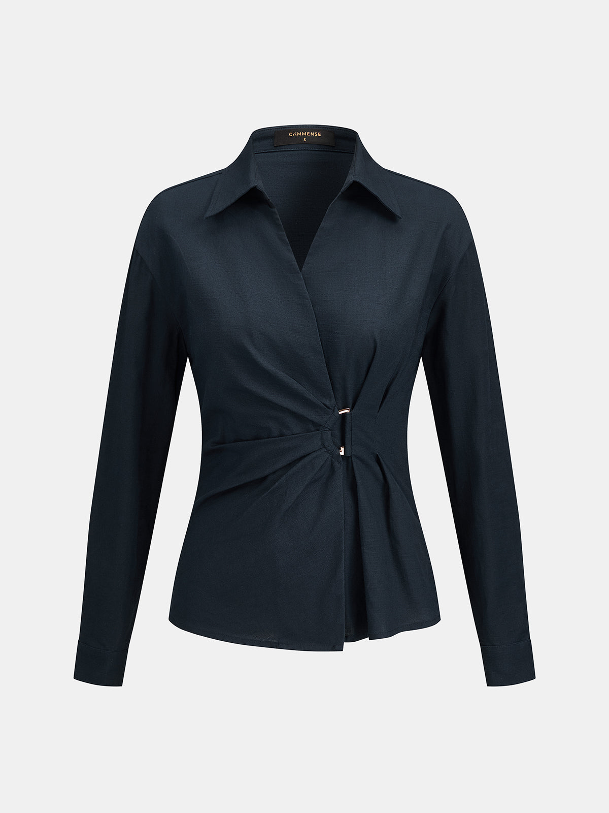 Ruched Waist Collared Wrap Blouse with Long Sleeves for Women