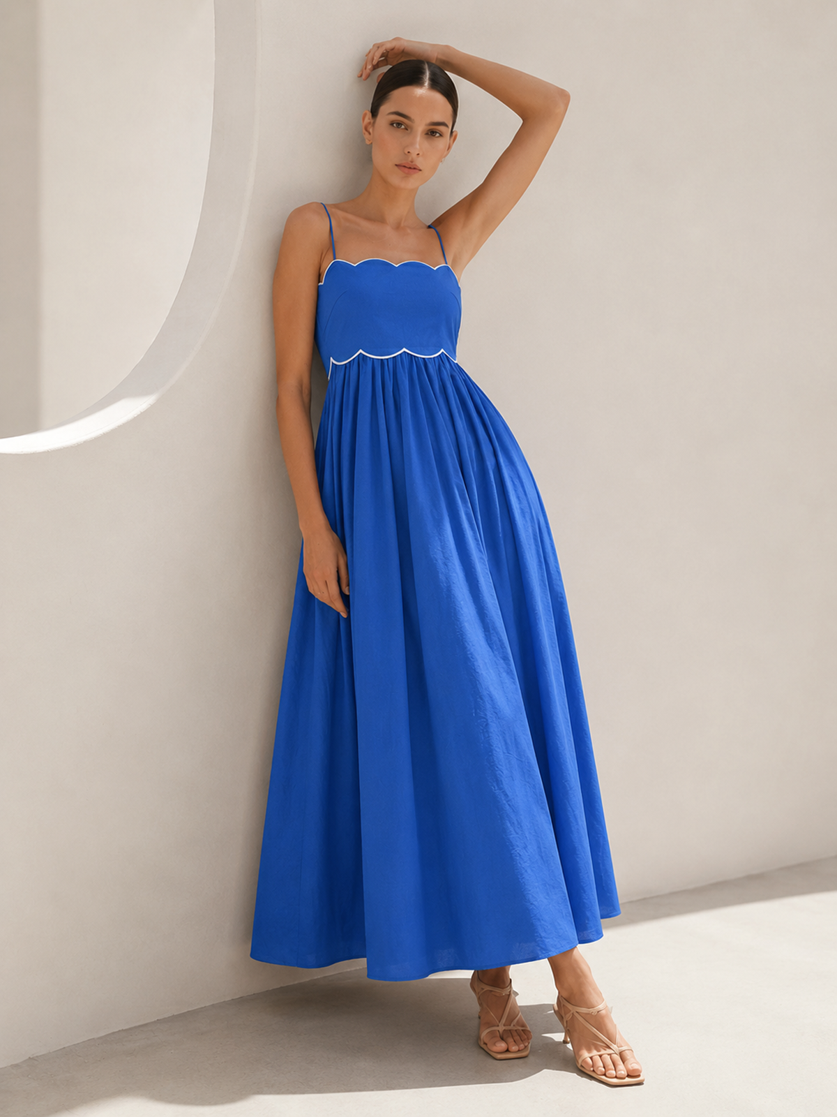 Scalloped Piping Cotton Cami Maxi Dress for Summer Weddings