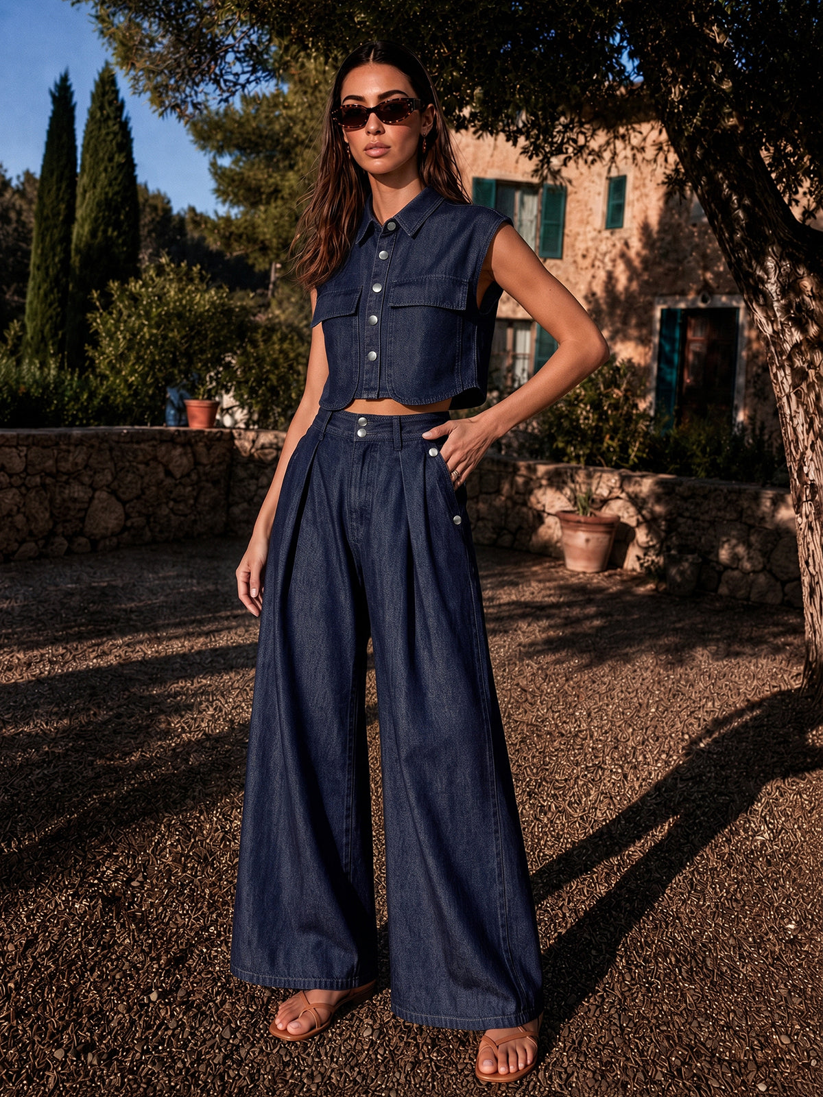 Sleeveless Crop Denim Top & Pleated Pants Set for Women Casual Wear