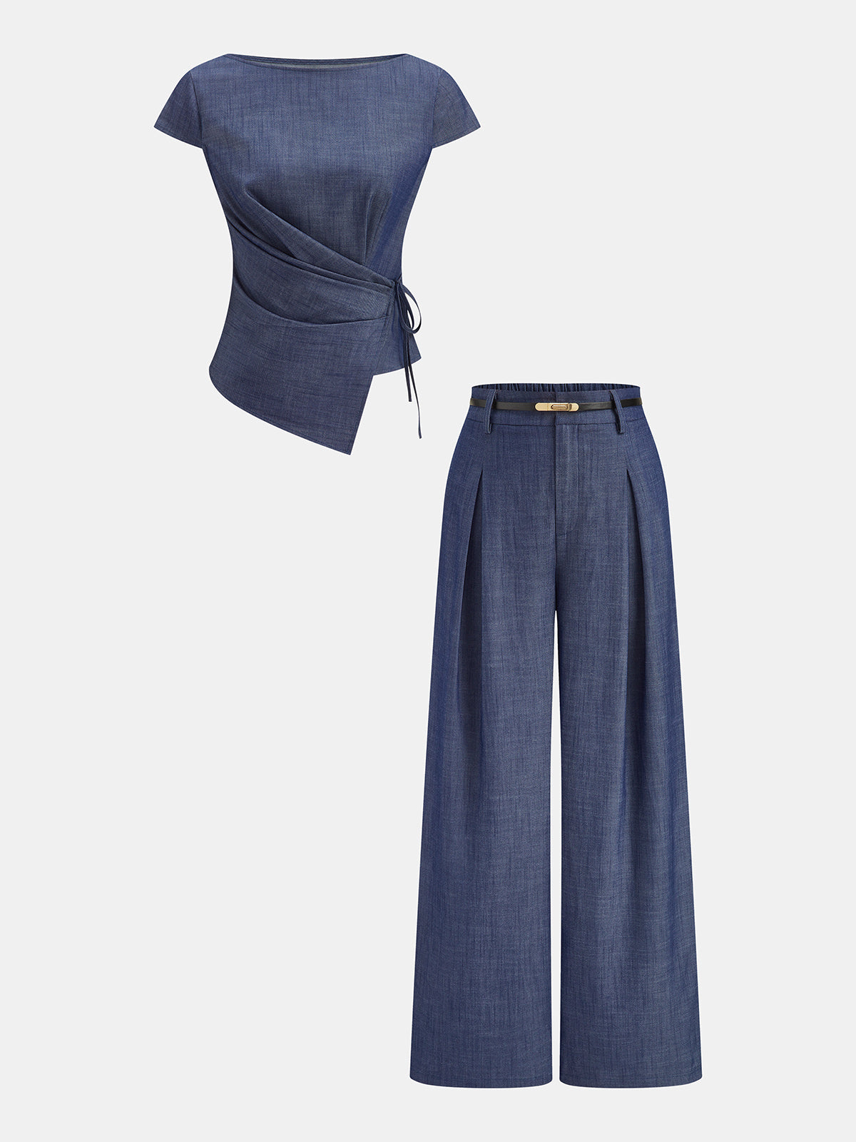 Asymmetrical Wrap Top & Belted Pant Set - Women's Casual Chic Outfit