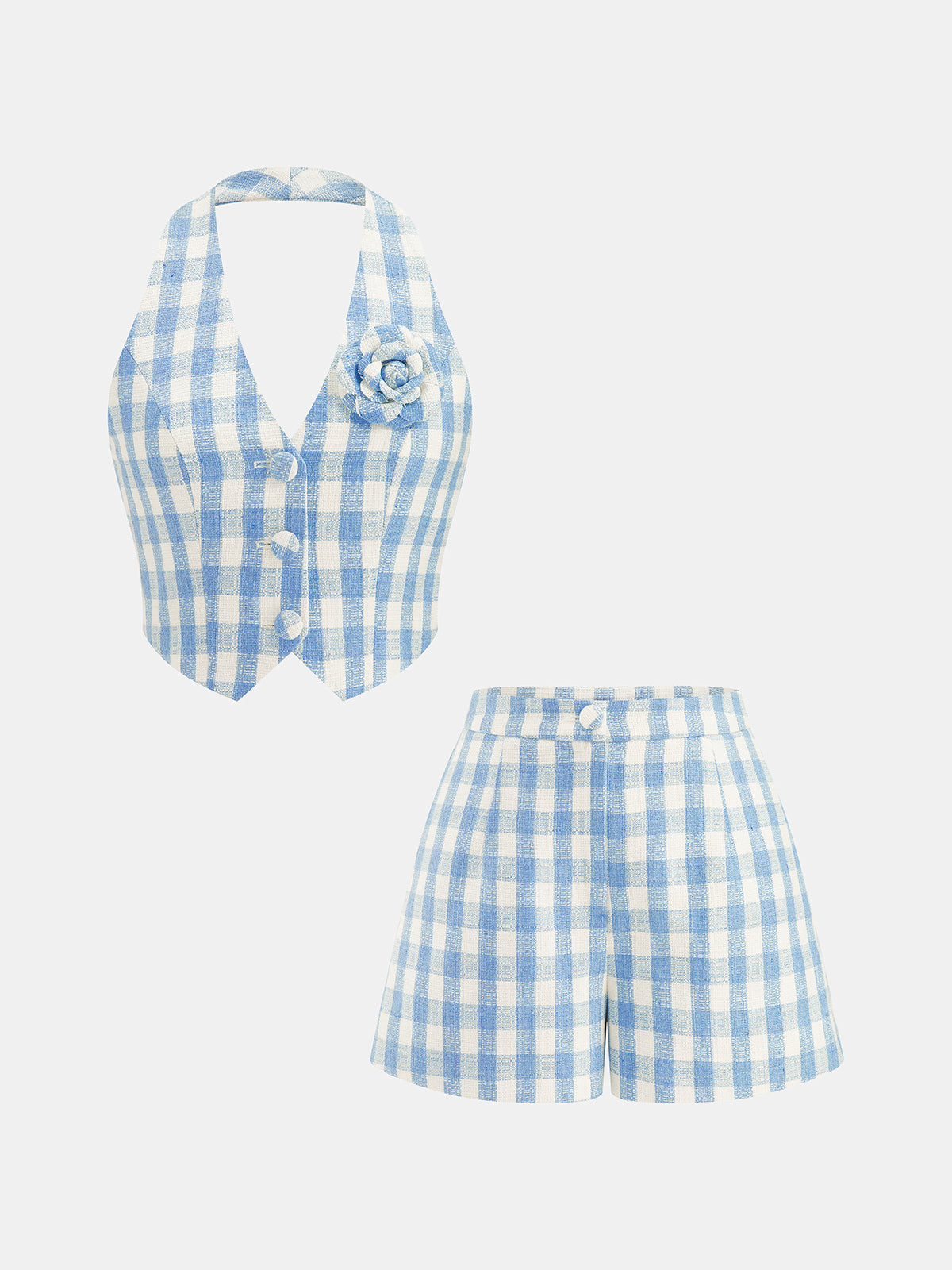 3D Flower Gingham Halter Vest & Shorts Set for Summer Outdoor Wear