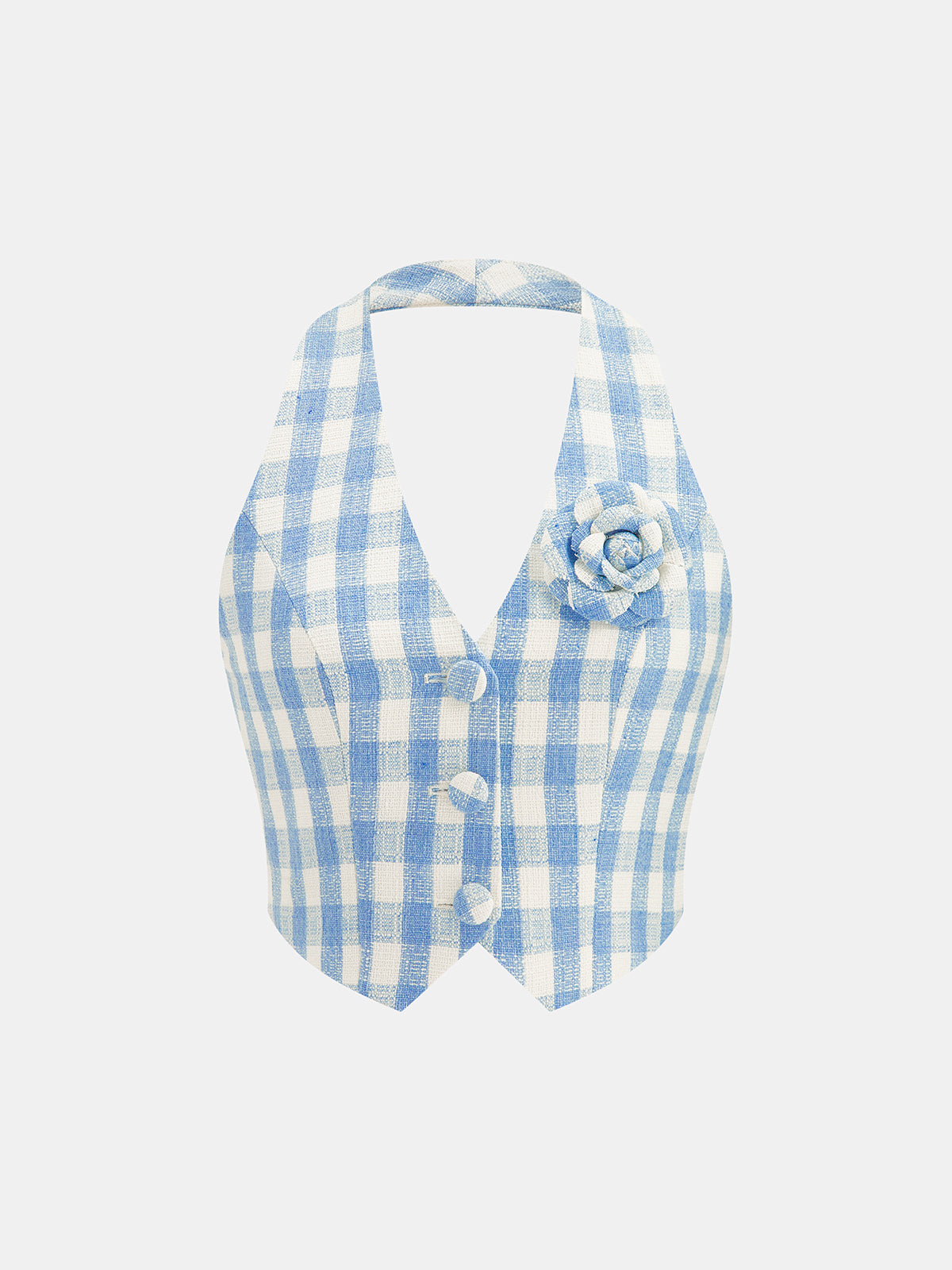3D Flower Gingham Halter Vest & Shorts Set for Summer Outdoor Wear