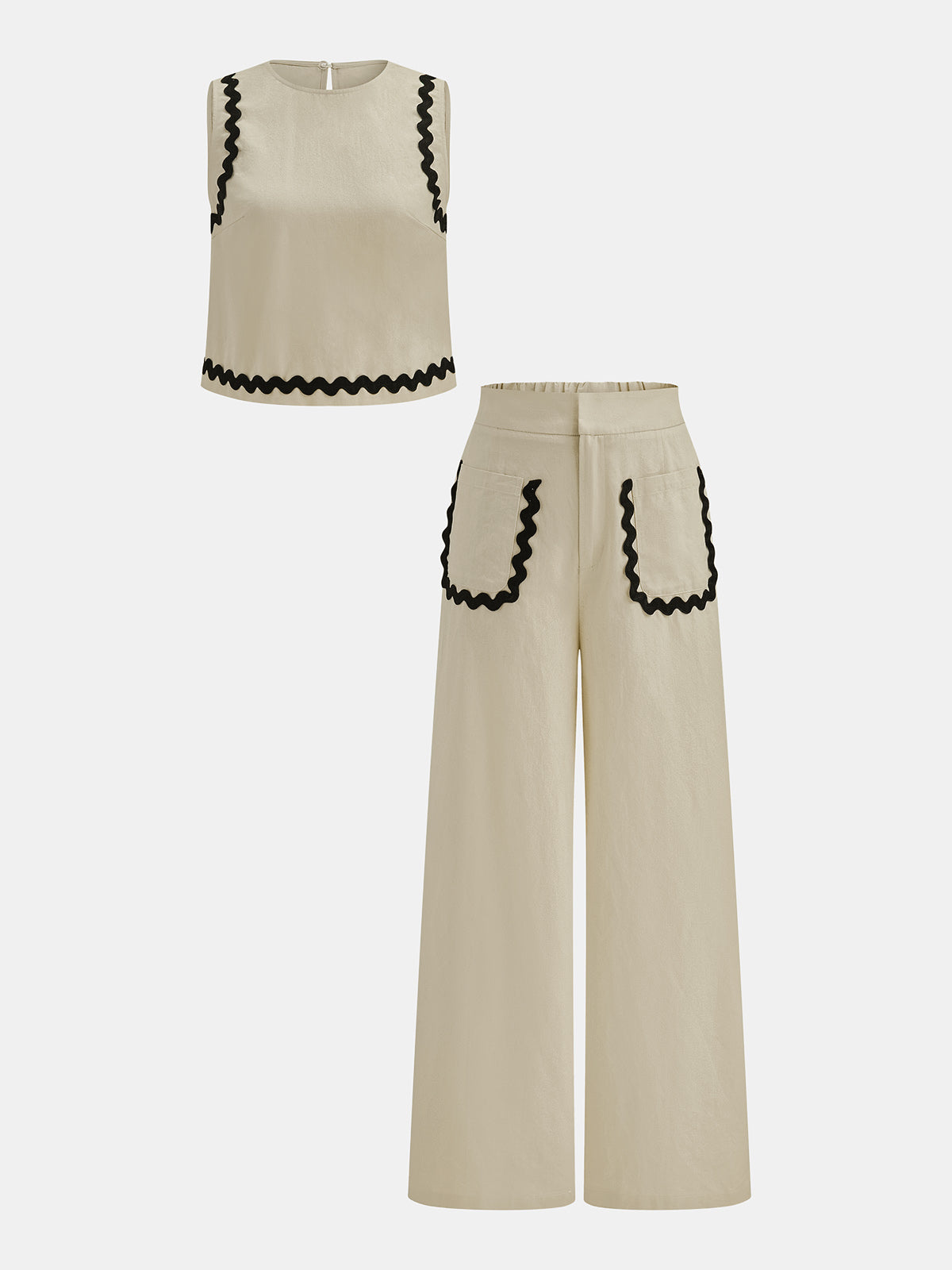 Cotton Linen Scallop Trim Two Piece Pants Set for Women Casual Comfort
