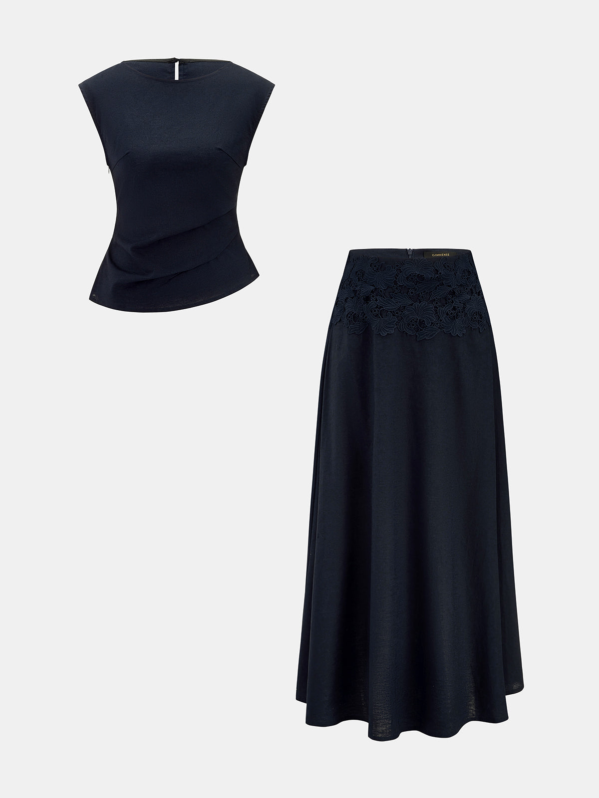 Cotton Linen Top & Lace Waist Skirt Set for Women's Casual Wear