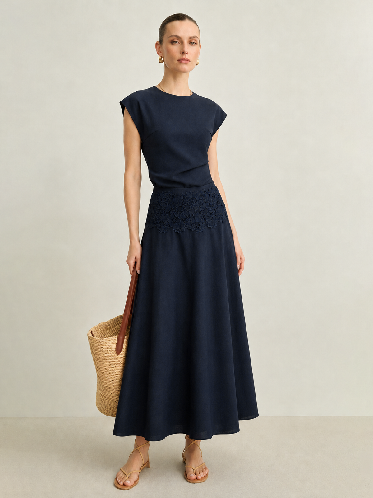 Cotton Linen Top & Lace Waist Skirt Set for Women's Casual Wear