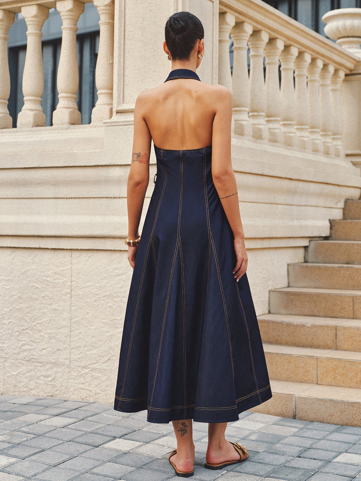 Halter A-Line Belted Denim Dress for Women Casual Summer