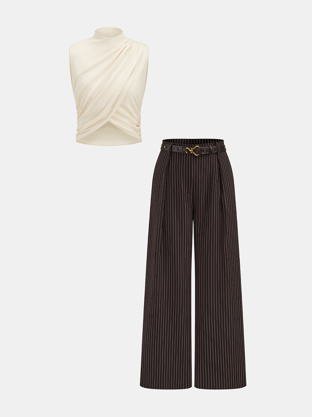 Ruched Sleeveless Top & Striped Pants Set Women's Casual Outfit