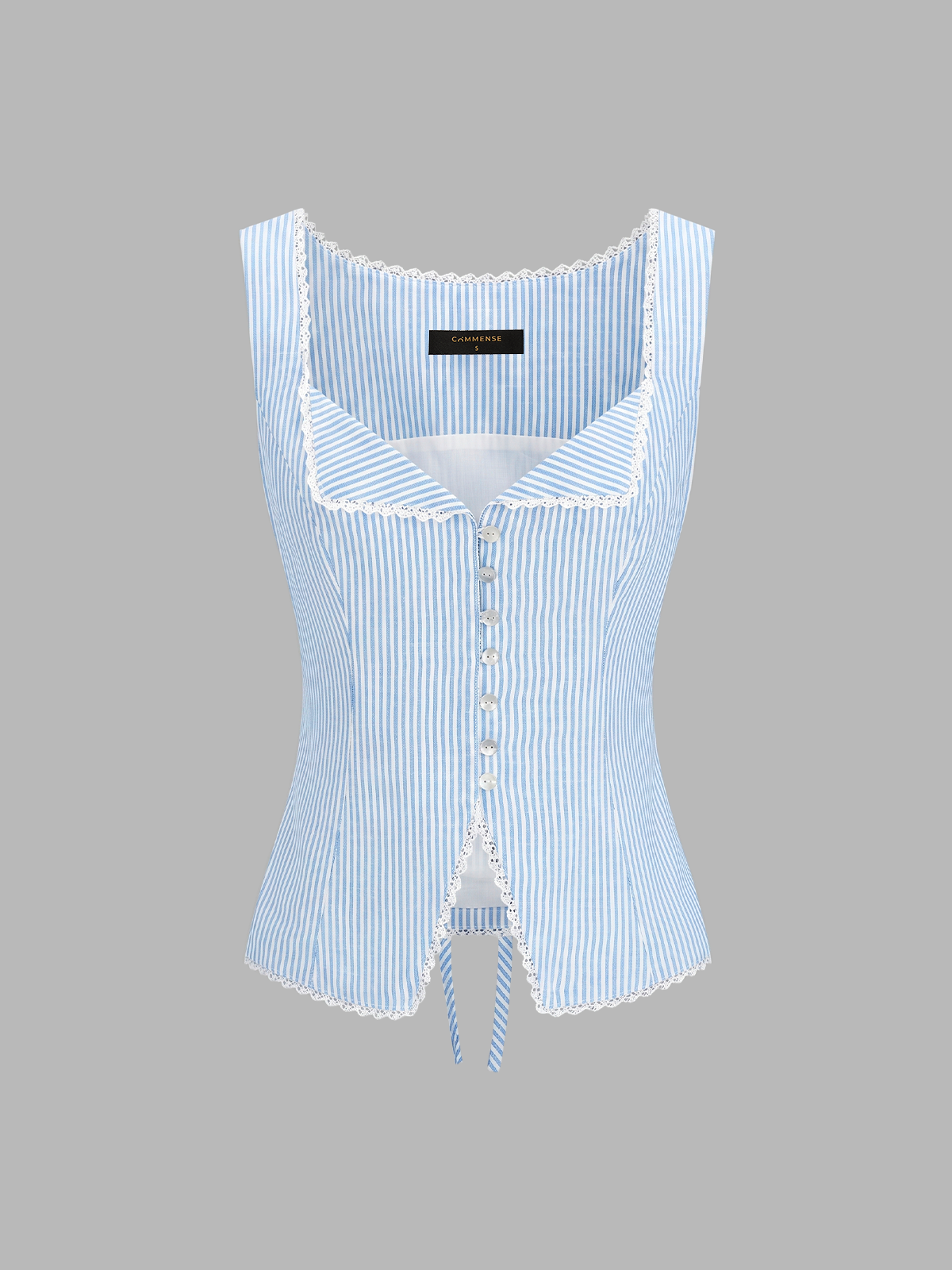Striped Lace Trim Button-Front Tank Top with Adjustable Straps for Women