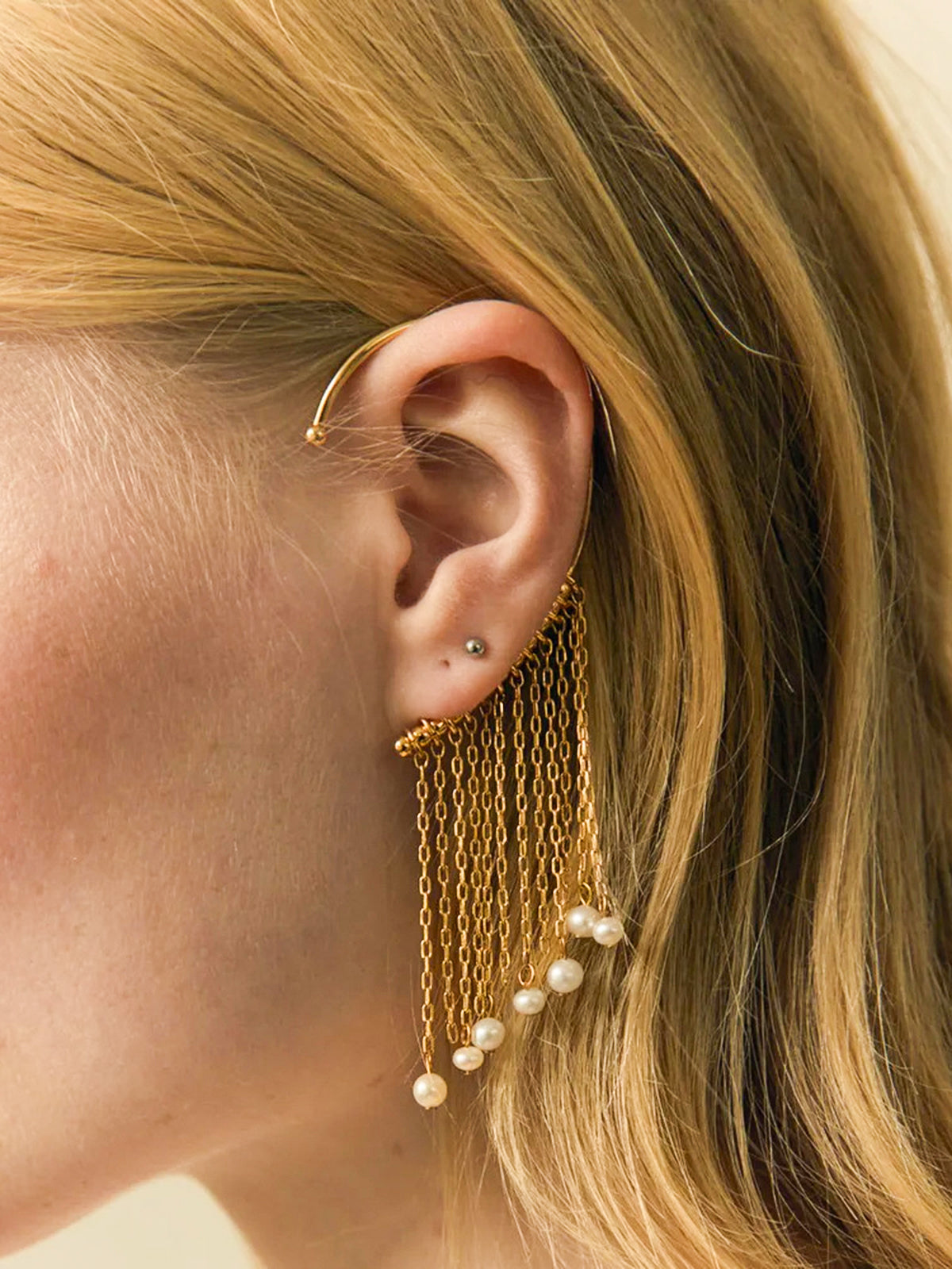 Pearl Tassel Chain Ear Cuff Earring, Elegant Women's Statement Jewelry Piece