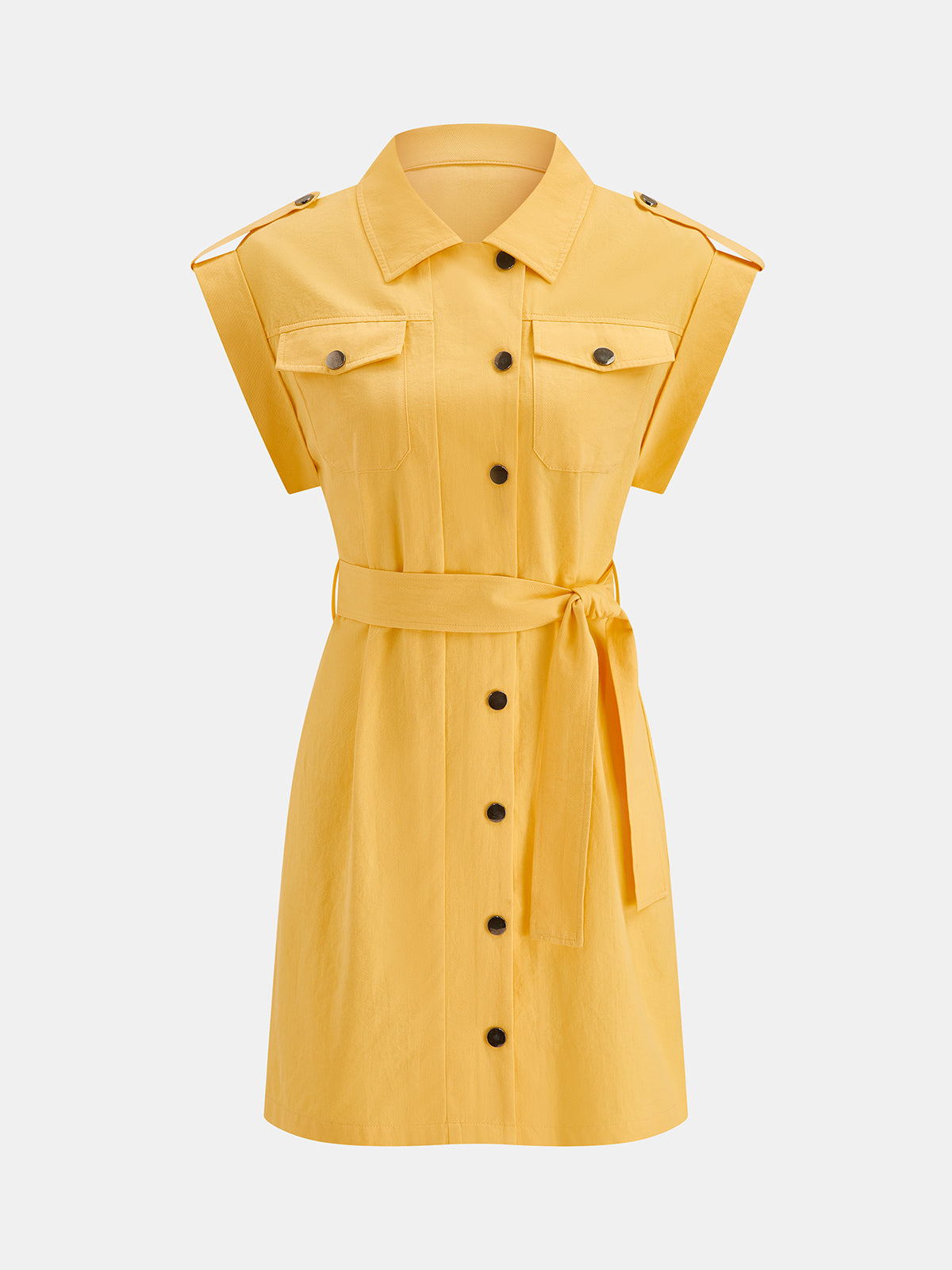 Epaulet Belted Cotton Shirt Mini Dress Trendy Casual Style